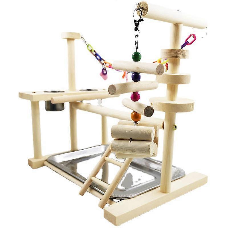 Bird Playstand Interactive Colorful Swing Ladder Wooden Parrot Playground with Feeder Cup for Cockatiel Budgie