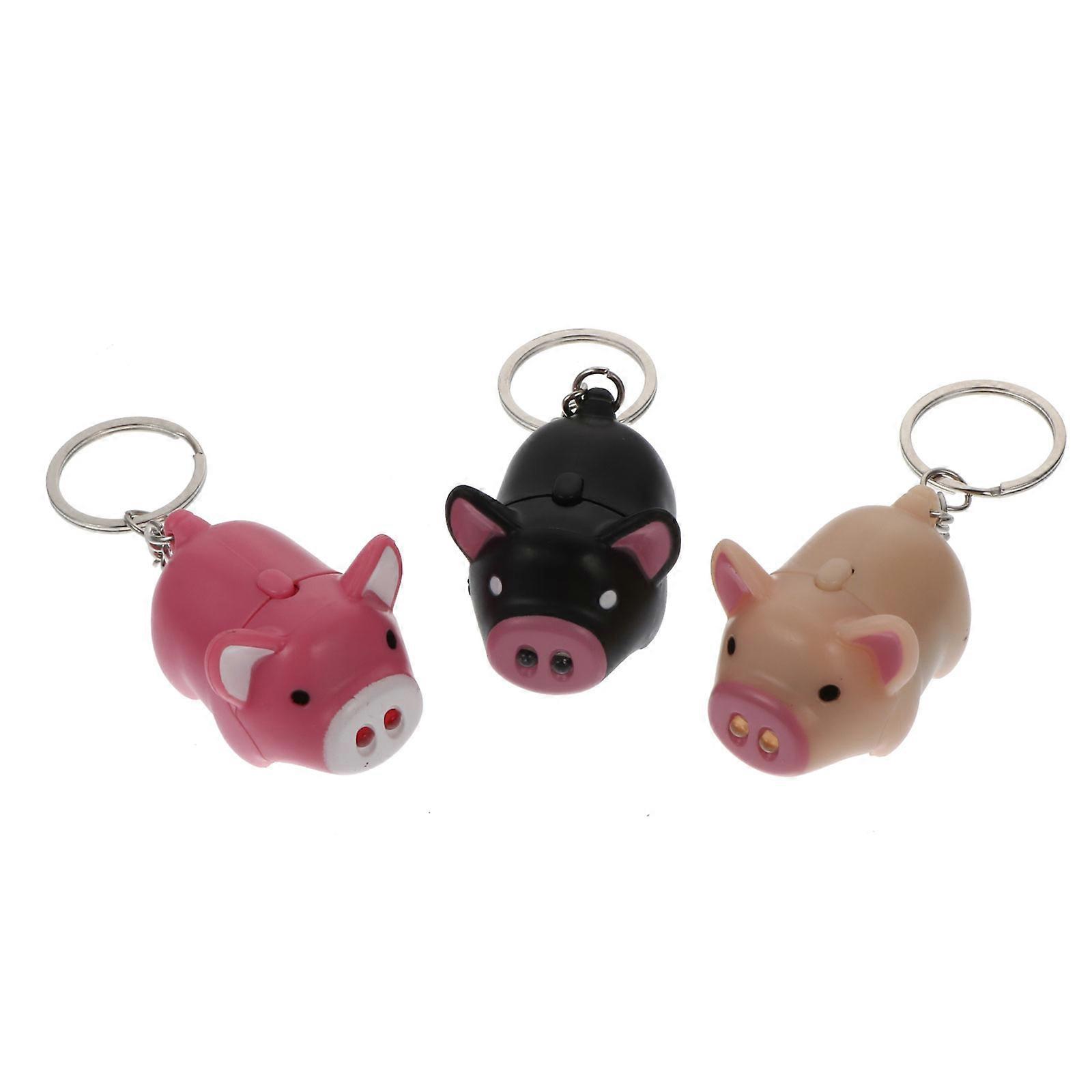 Cartoon Pig Keychain with LED Flashlight and Sound Effects for Home Assorted Color 3pcs