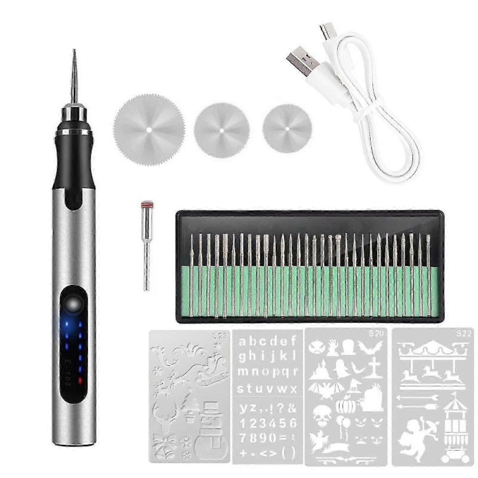 Rechargeable carving pen, 3-speed adjustment, Accessories including 30 drill bits, Suitable for multiple materials