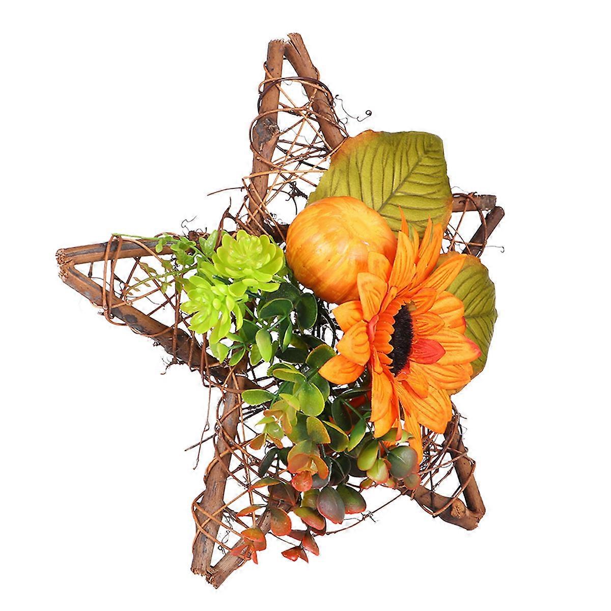 a refined and engaging product description based on your input:

 

**Rattan Wicker Star Ornament with Faux Sunflower & Pumpkin – Rustic Autumn Wall