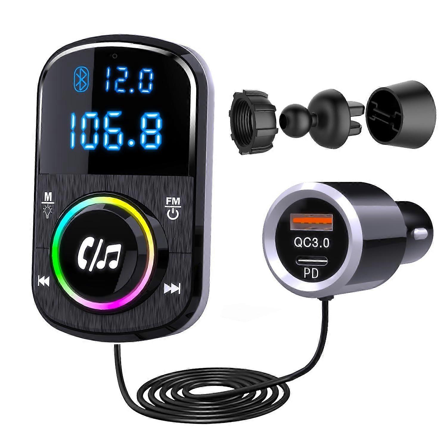 FM Transmitter, Hands Free Car Phone Kit Bluetooth, Support QC3.0 & PD Fast Charger/Ambient Light/Self-Adhesive Base and Clip with 1.1 Cable, BT/TF Ca
