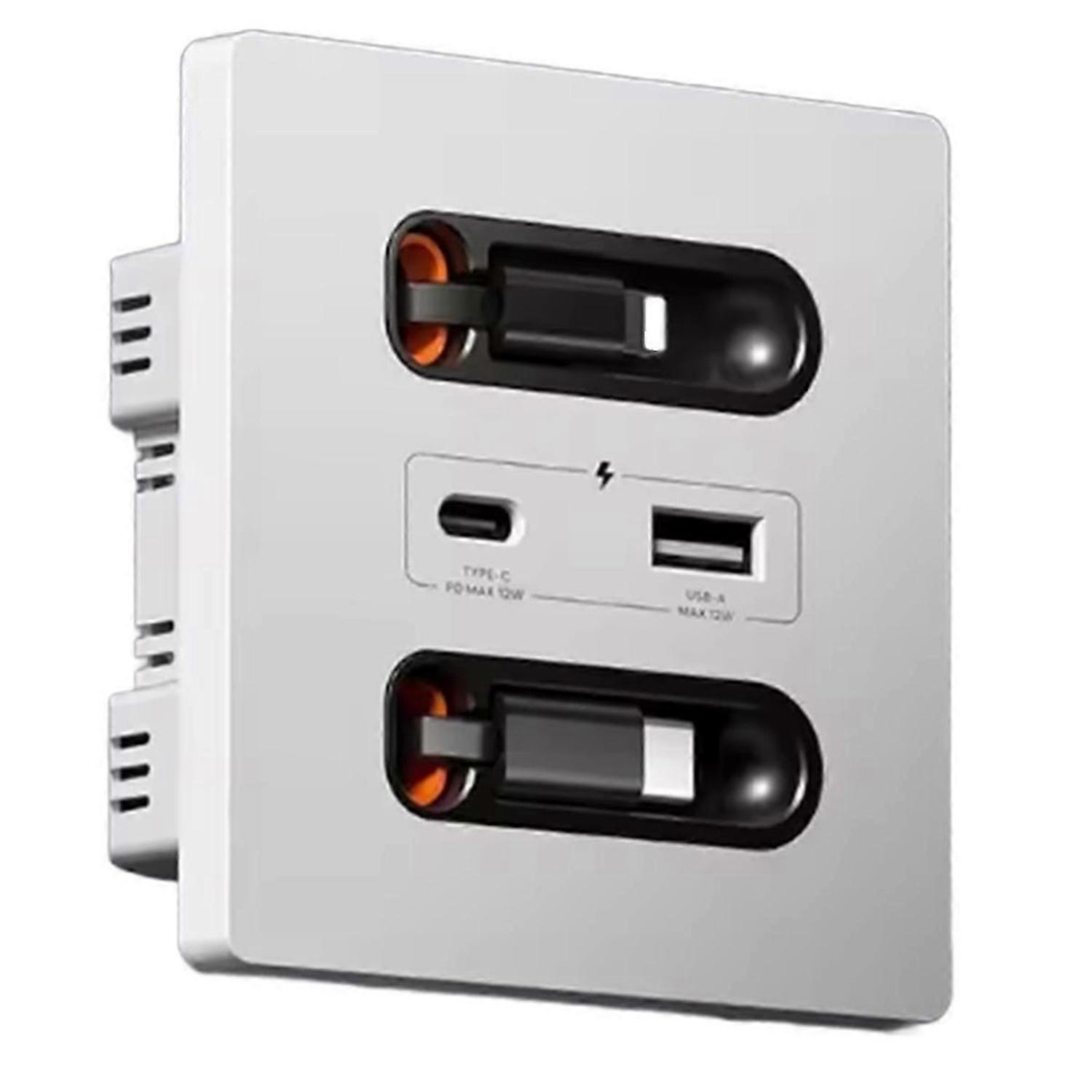 12w Universal Wall Panel Socket with Usb-A Usb-C Retractable Charging Cable ,Mobile Phone Tablet Cha