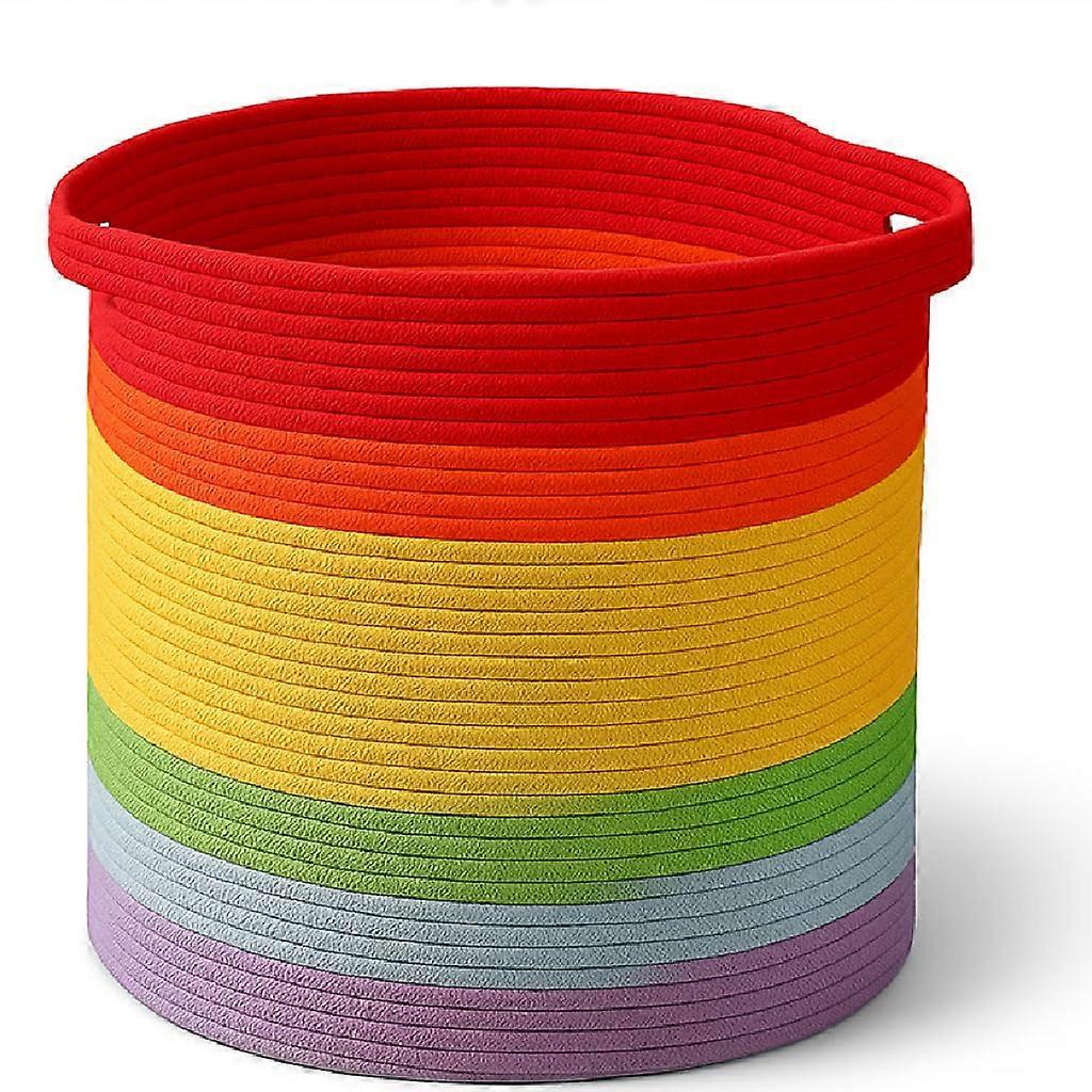 Blanket Storage Basket 60L – Large Woven Laundry Hamper with Handles, Foldable Toy Organizer, Rainbow Color, 16x16x18