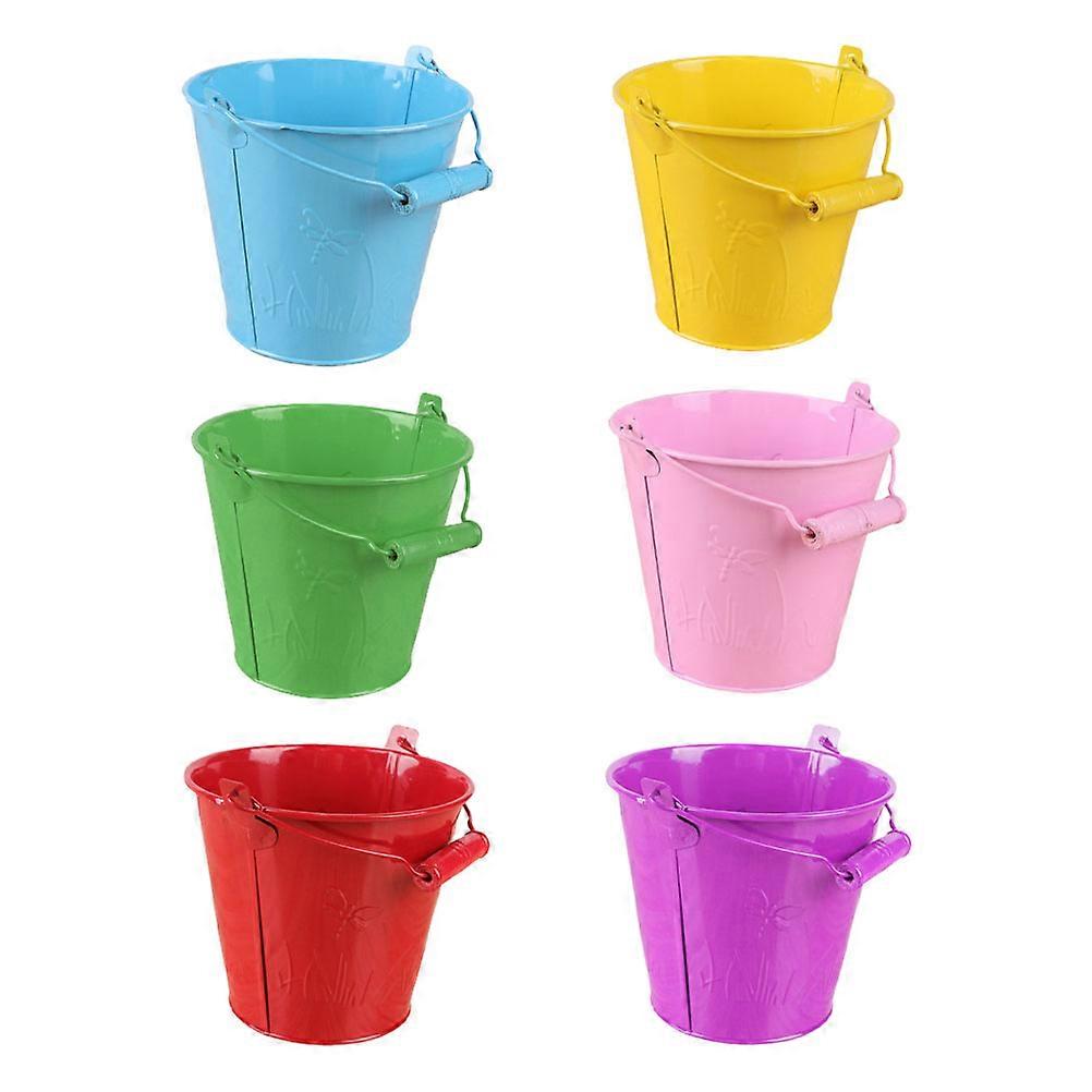 Tinplate Beach Bucket Child Sand Bucket Toy for Kids 6Pcs Assorted