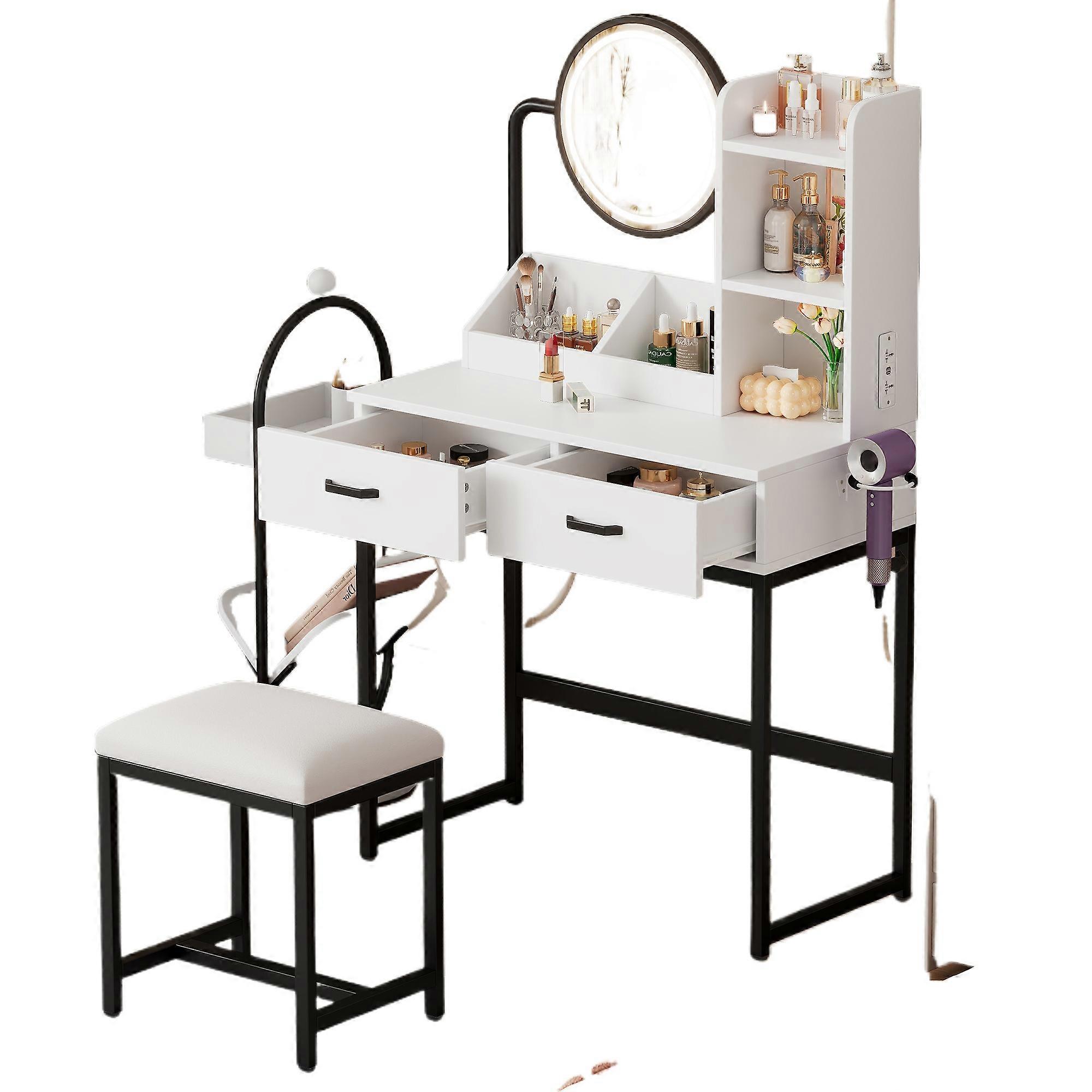 Modern Vanity Table LED Lighting Rotating Mirror 2 Drawers 2 Shelves White