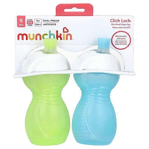 Munchkin, Click LockÃ¢ÂÂ¢, Bite Proof Sippy Cup, 9 Months+, Light Green & Light Blue, 2 Count, 9 oz (266 ml) Each