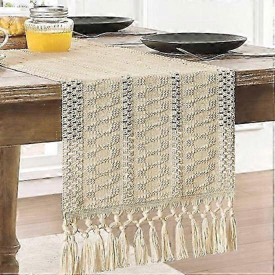 Bohemian Style Cotton and Linen Table Runner - 30 x 160 cm Rustic Farmhouse Table Runner - Woven Farmhouse Decor - Table Runner with Knotted Tassels