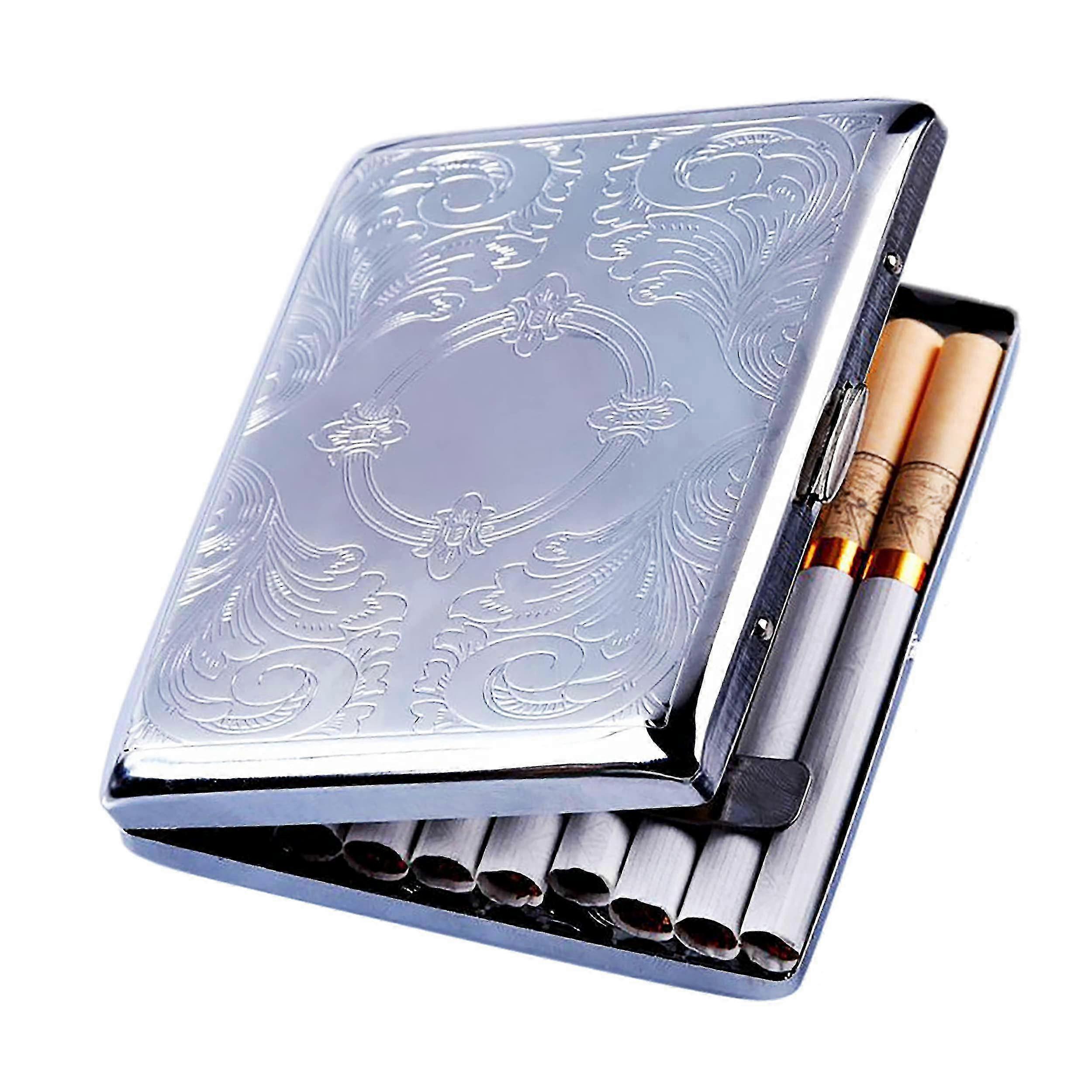 Metal cigarette case for men silver holds 20 cigarettes compact box