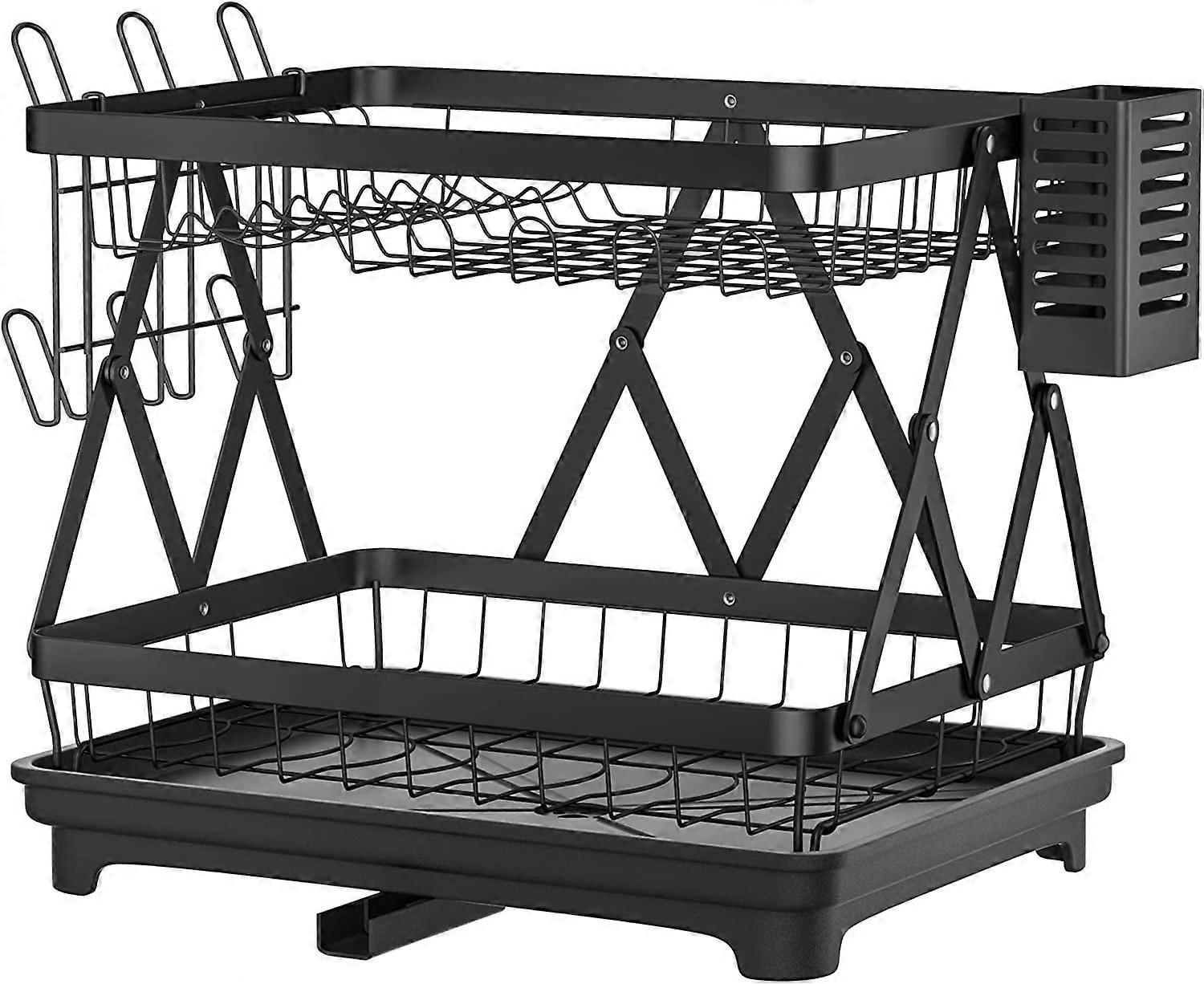 Collapsible 2-Tier Dish Drying Rack with Drainboard - Kitchen Countertop Organizer
