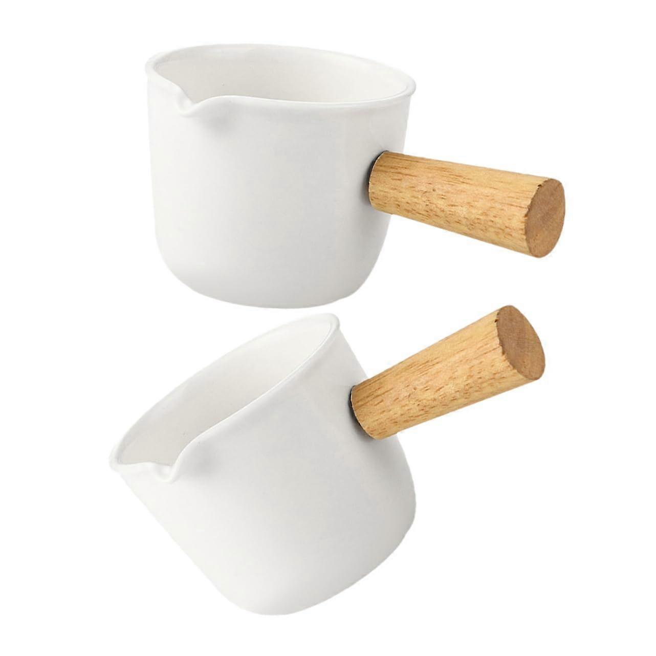 Mini Creamer Jug 2Pack White Ceramic Porcelain Pitcher With Wooden Handle For Espresso And Sauce