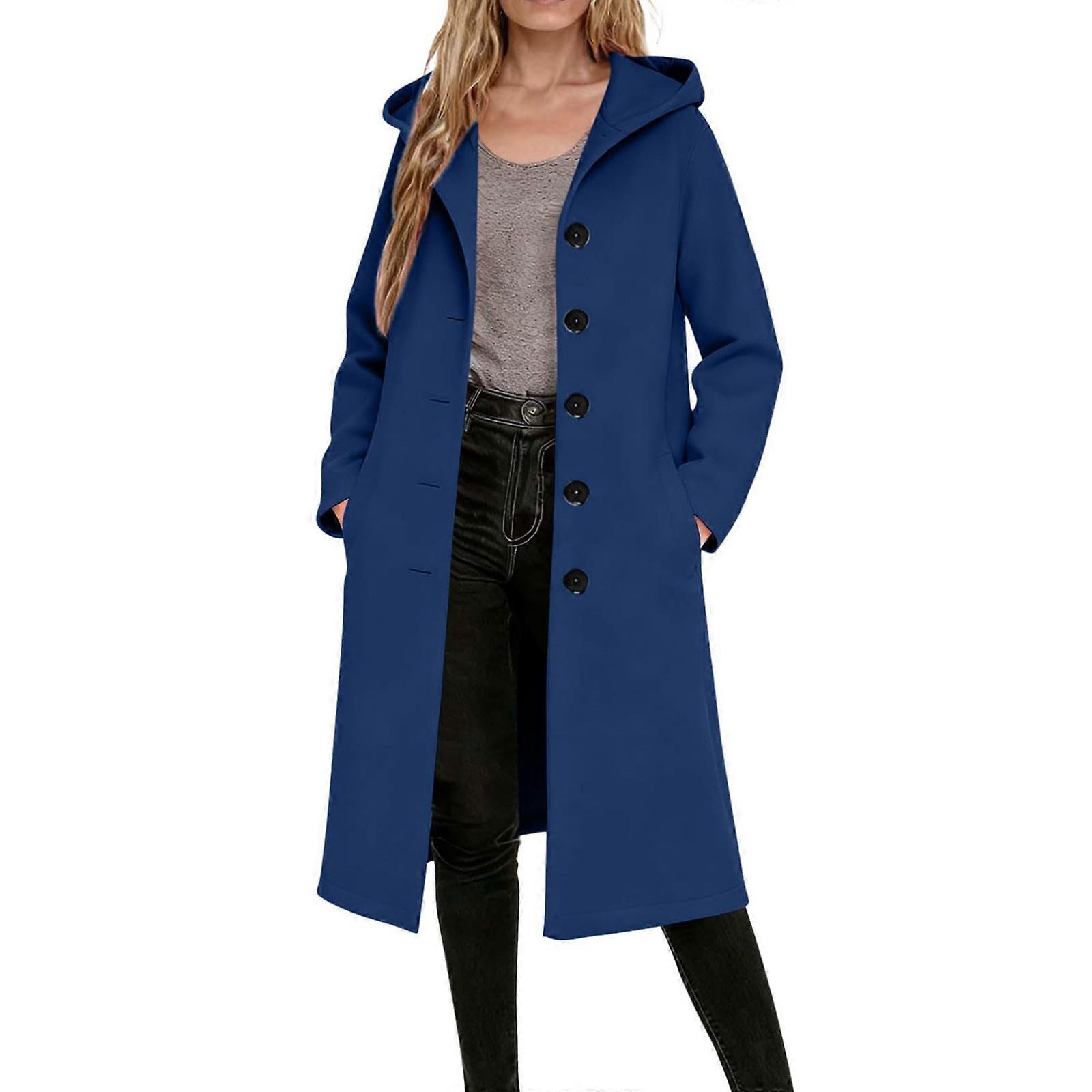 Dámský trenčkot s kapucí - jednořadý, s vroubkovaným klopovým límcem, kabát s kapsami, podzim/zima, královská modrá, XL