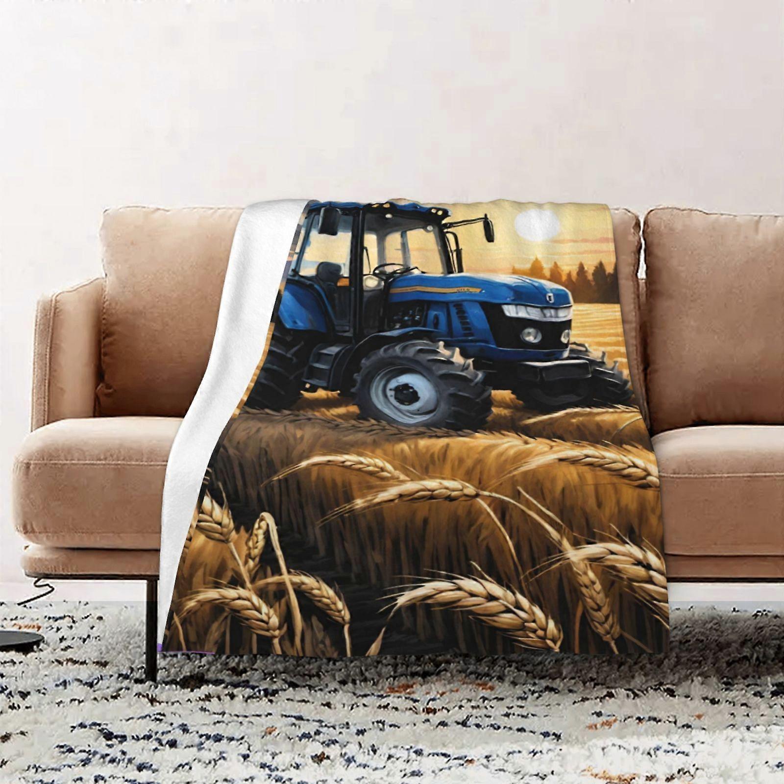 Contemporary Blue Tractor Wheat Field Throw Blanket - High-Definition Print, Plush Polyester, All-Season Use for Home & -POIUY138