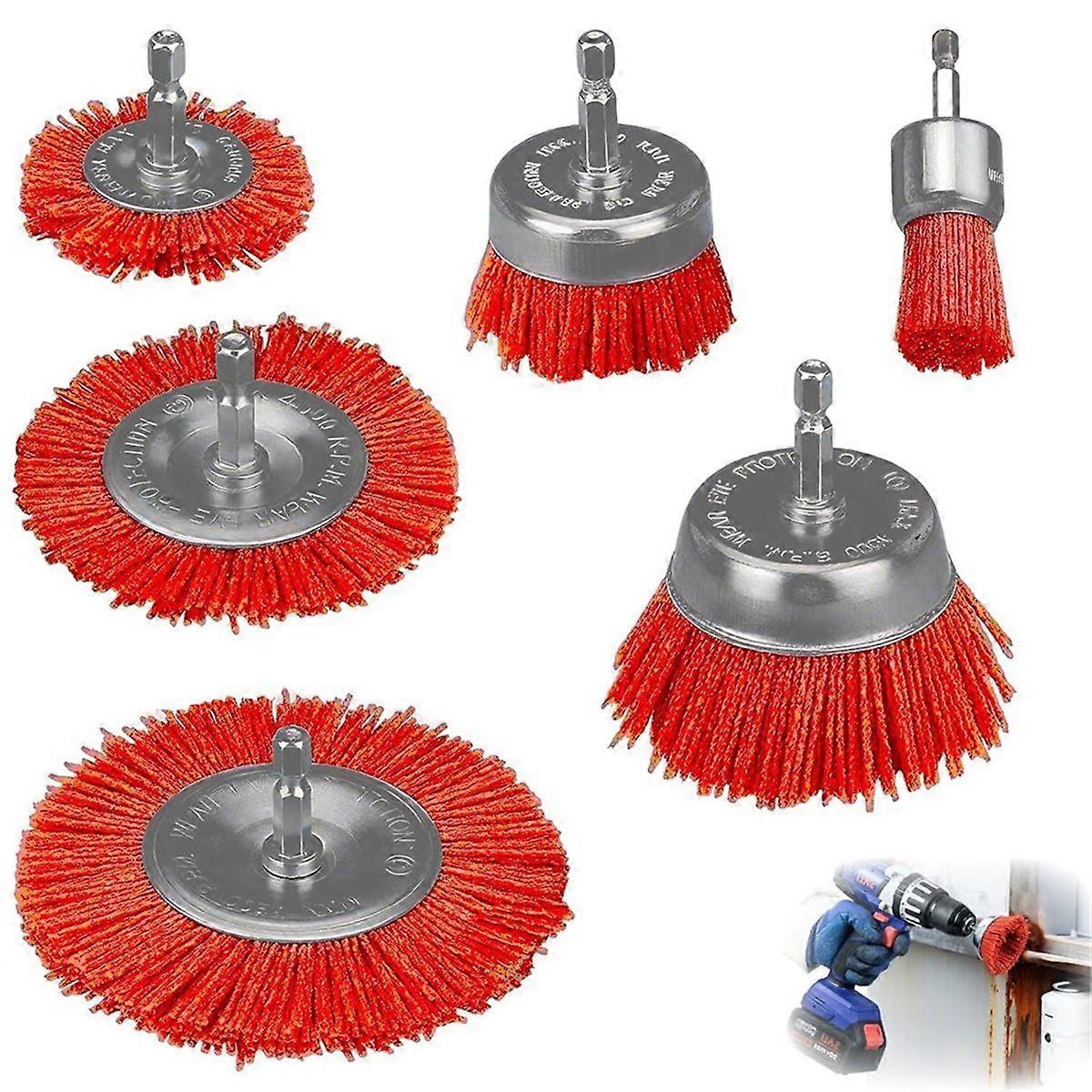 Nylon Brush Pack of 6 with Hexagonal Shaft 1/4 Inch,6Sizes Nylon Cup Brush for Removing Rust Paint