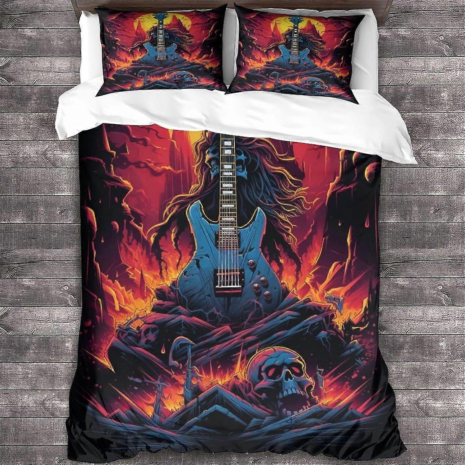 Conjunto de cama com estampa digital 3D de caveira no estilo rock 'n' roll, capa de edredom com estampa de guitarra heavy metal, 3 peças em microfibra macia com fechamento em zíper.