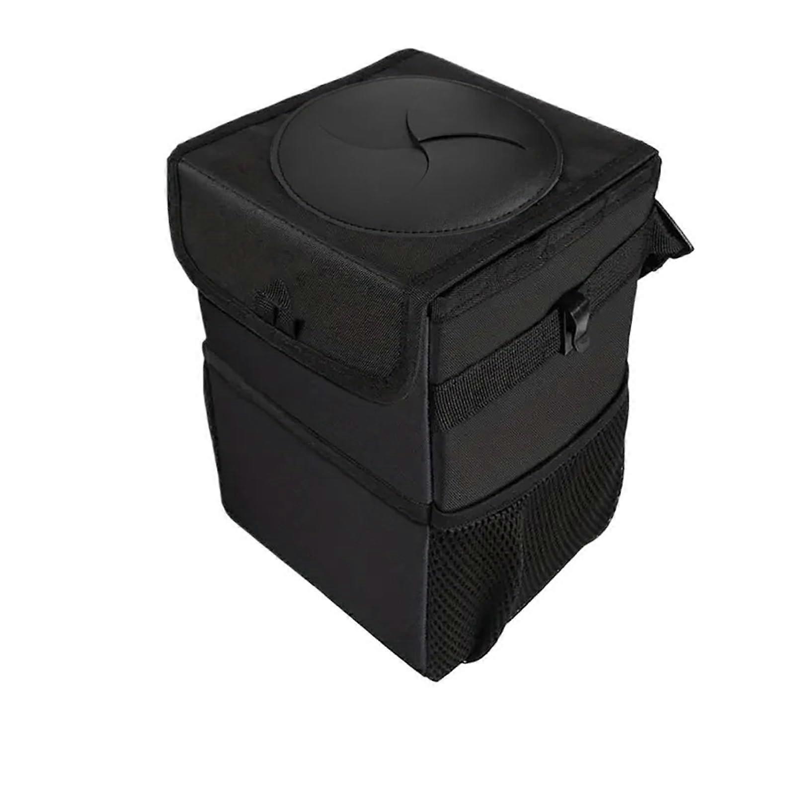 Car Trash Can with Lid and Storage Pocket, Leakproof Hanging Garbage Bin for Car Black