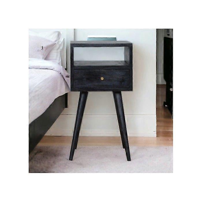 Solid Wood Mini Ash Black Bedside, 1 Drawer, 1 Open Slot, Ash Black