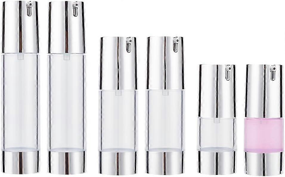 6PCS 3 Sizes Empty Vacuum Pump Bottles 15ml 30ml 50ml (0.5oz 1oz 1.69oz) Silver Head Type Airless Vacuum Pump Press Bottles Refillable Jar for Travel 