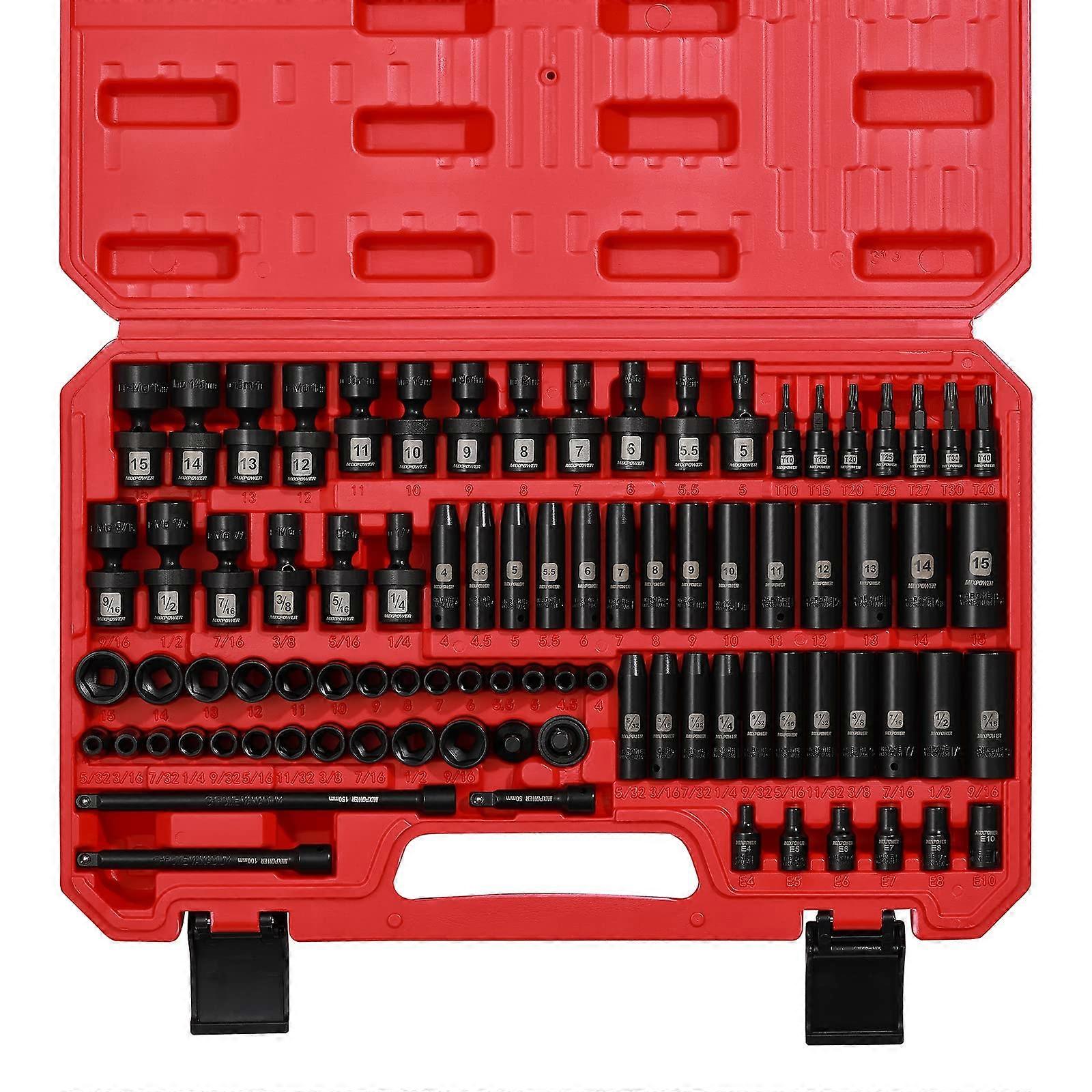 86PCS 1/4 Inch Drive Impact Socket Set, Metric and SAE, Deep and Standard, 6 Point,  Torque