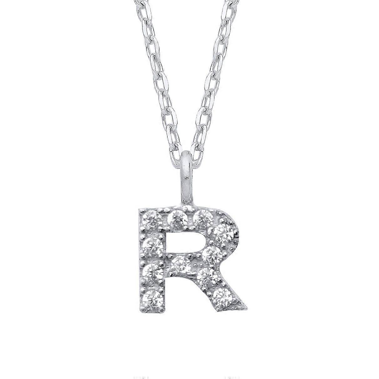 Jewelco London Ladies Rhodium Plated Sterling Silver Encrusted Mini Initial Pendant Necklace 16 + 1 inch
