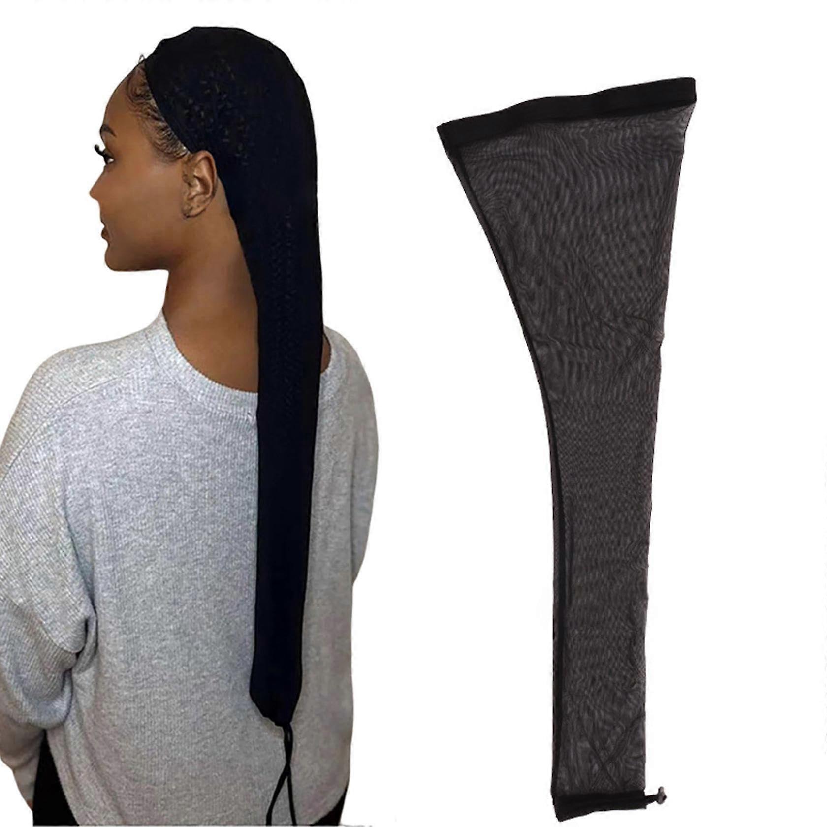 Breathable Wig Cap with Adjustable Drawstring and Extra Long Sleeve for Bun Styling Black