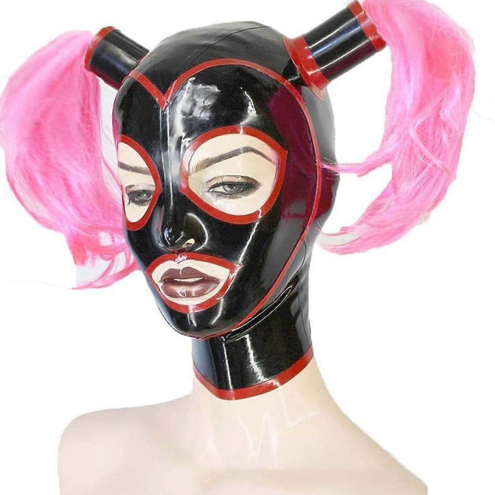 Black Latex Hood with Ponytail Wig, Full Face Rubber Mask with Back Zipper for Party Fetish