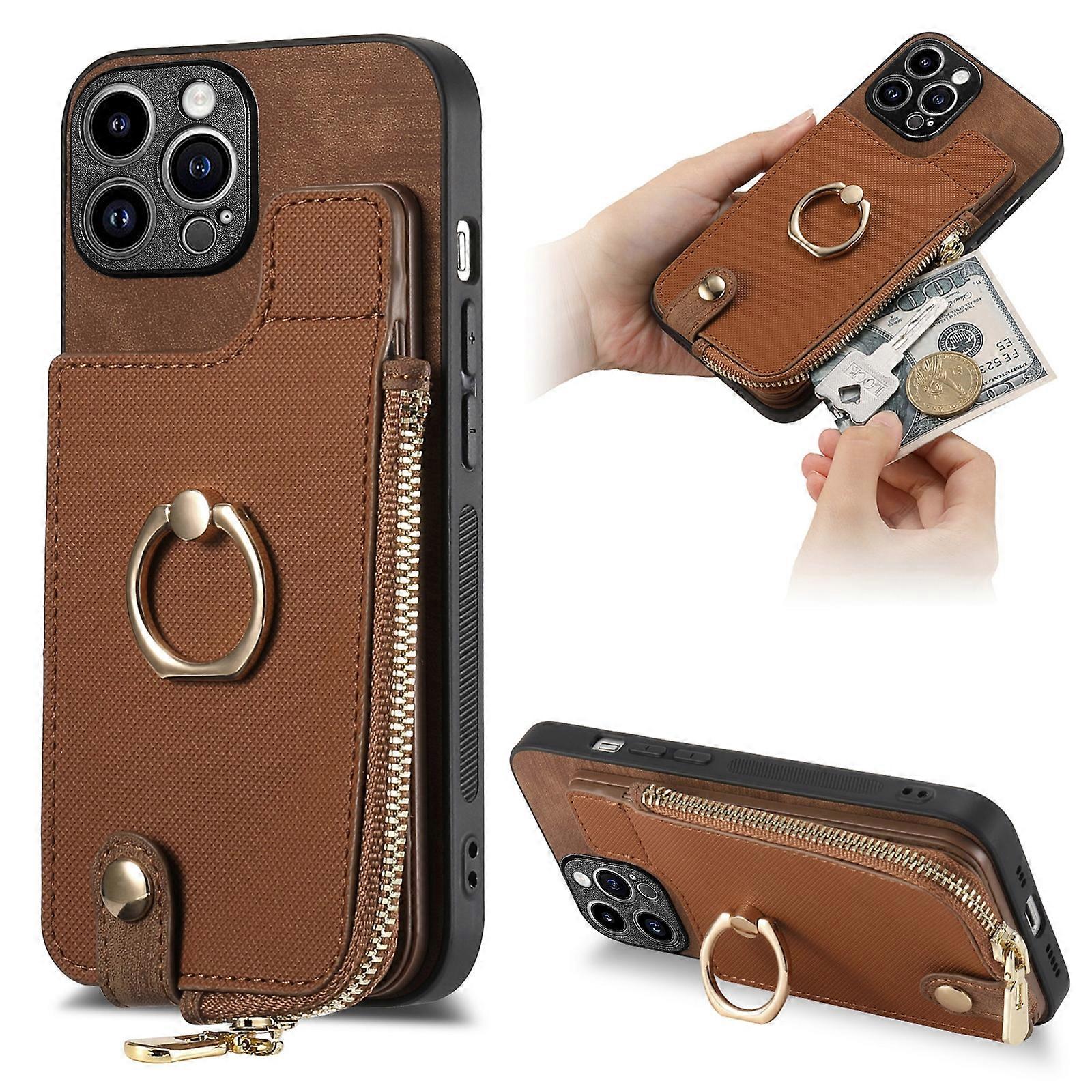 Cross Leather Ring Vertical Zipper Wallet Back Phone Case
