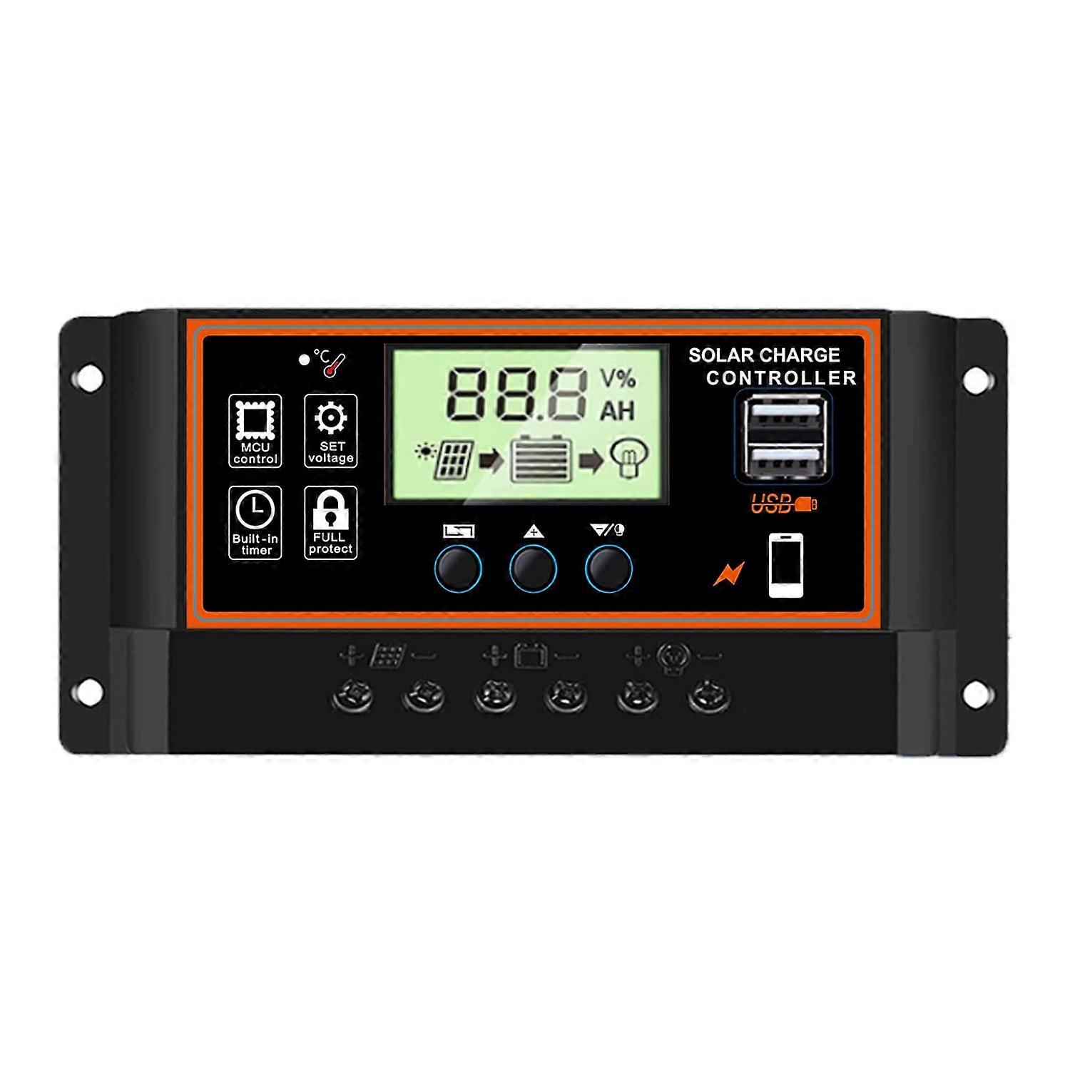 60A Solar Charge Controller 12V 24V LCD Display with Timer Setting and USB Auto Regulator Black