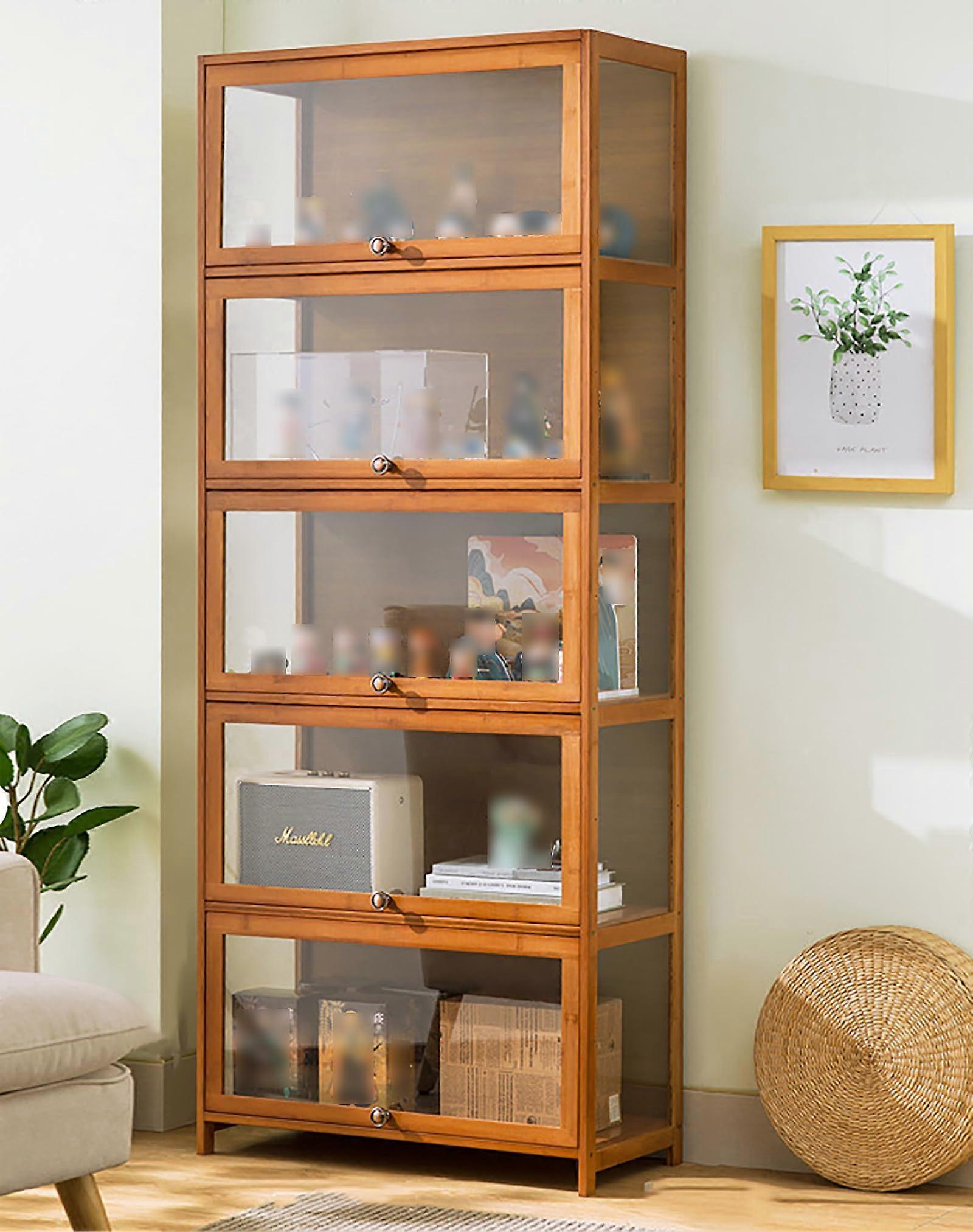 Vitrine de vidro com moldura de bambu, marrom, 5 prateleiras, 70 cm (27,56 polegadas), resistente e à prova de poeira.