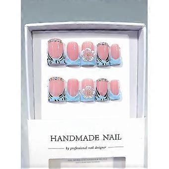 Long Stiletto Press on Nails with Rhinestones, 3D Floral Pink and Blue False Nails for Women, 10PCS