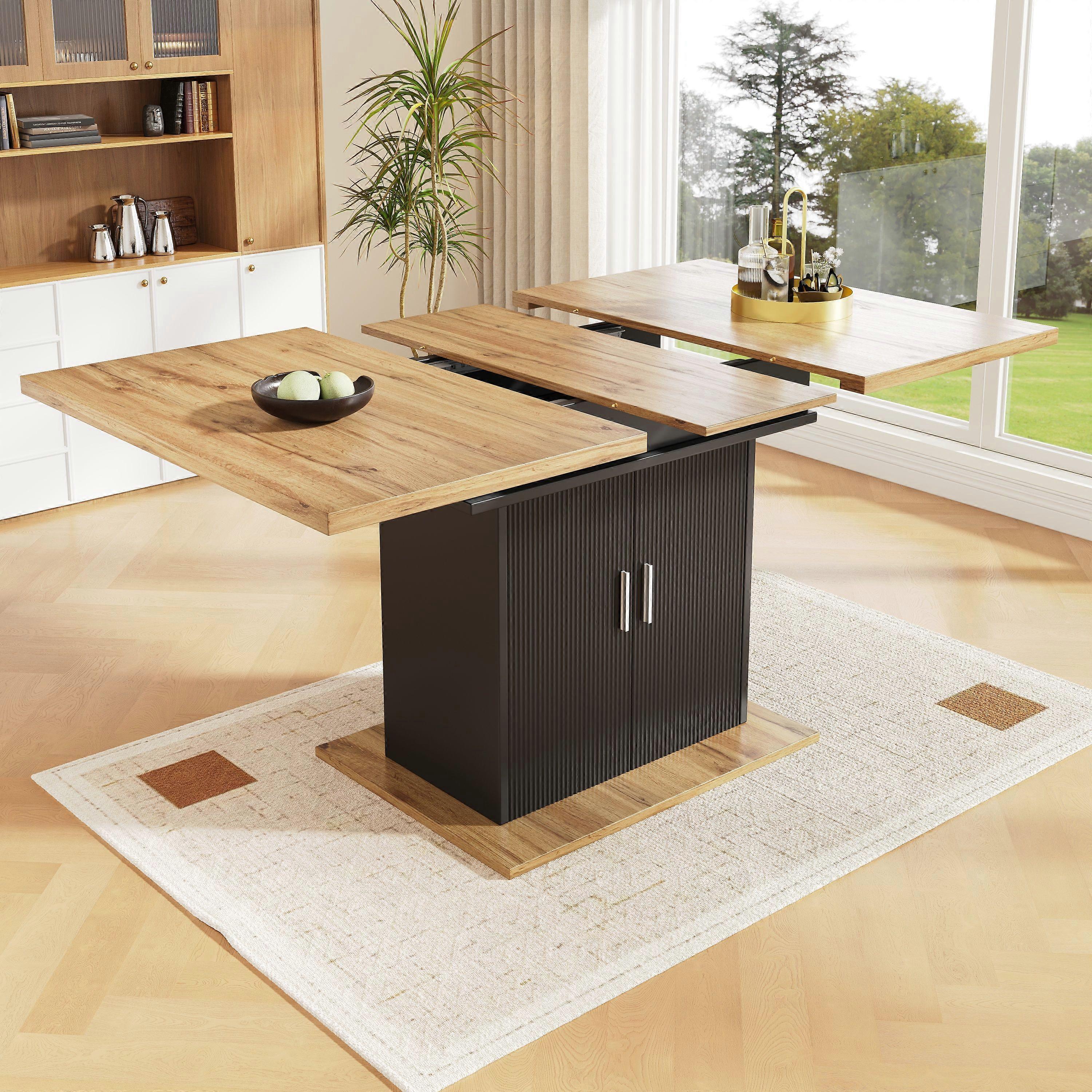 Telescopic dining table (14070cm), extendable dining table with storage shelf, space-saving kitchen table, dining table with three shelves, extendable
