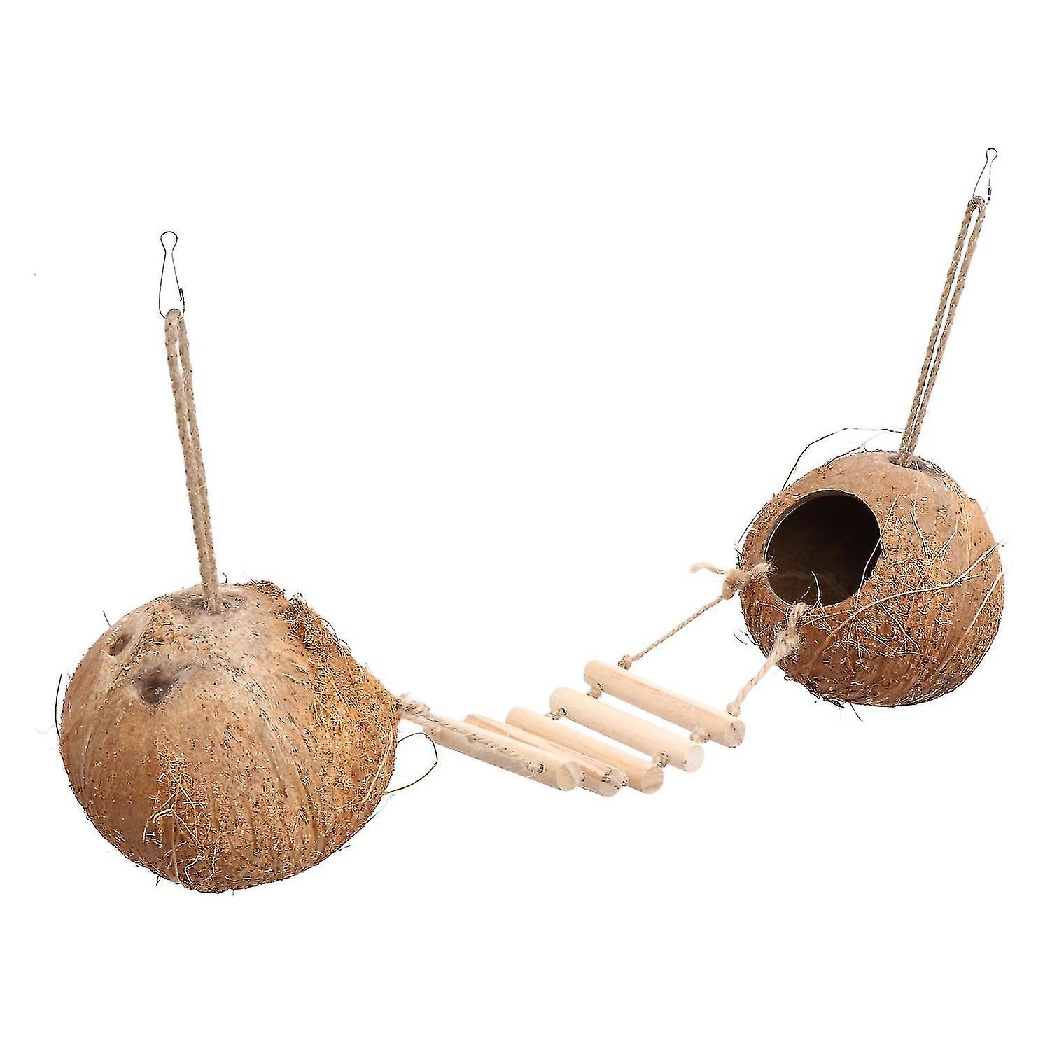 Bird Coconut Nest With Wood Ladder Hamster Cage Hanging Coconut Shell Hut
