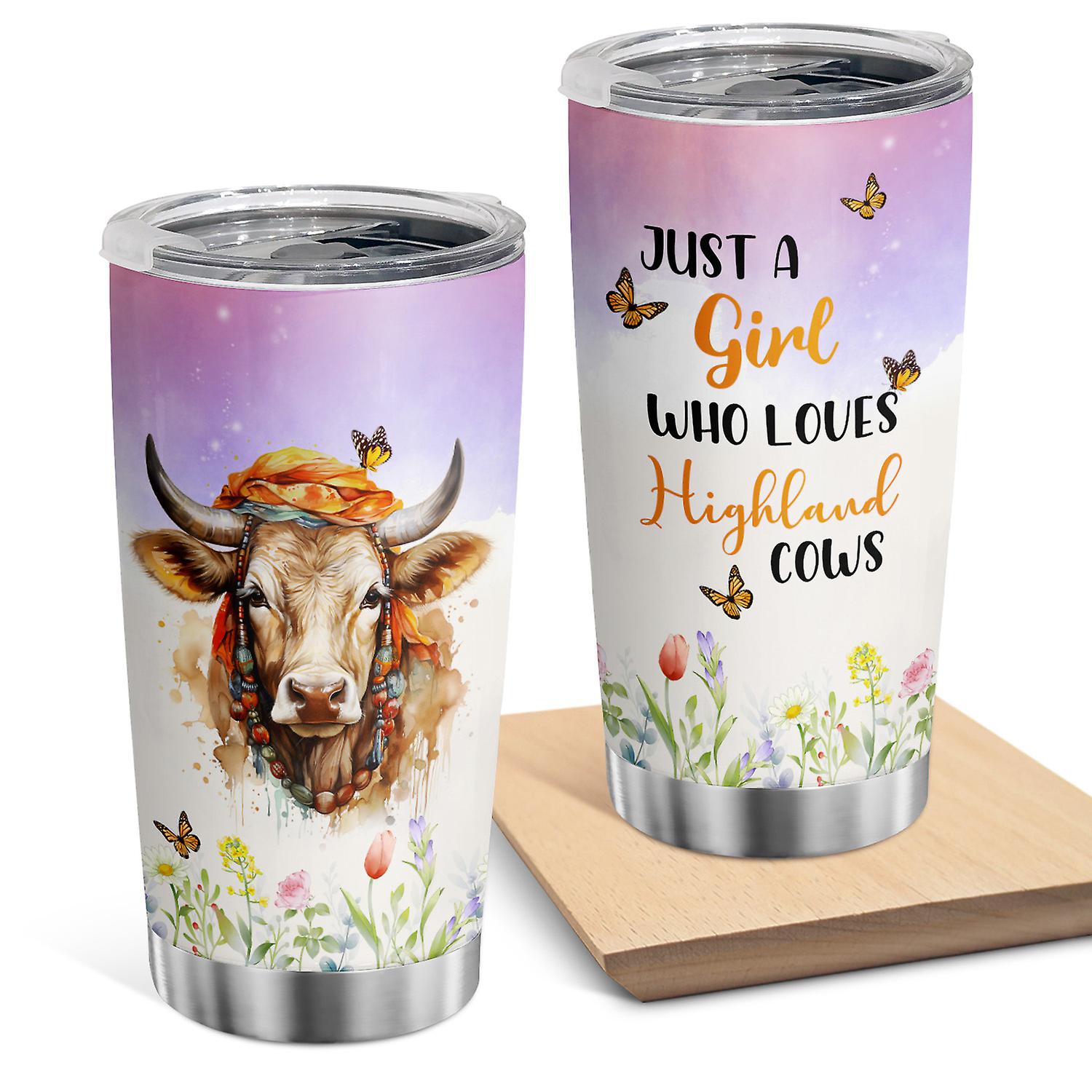 Oasisdream 20oz Highland Cow Print Stainless Steel Insulated Tumbler with Lid