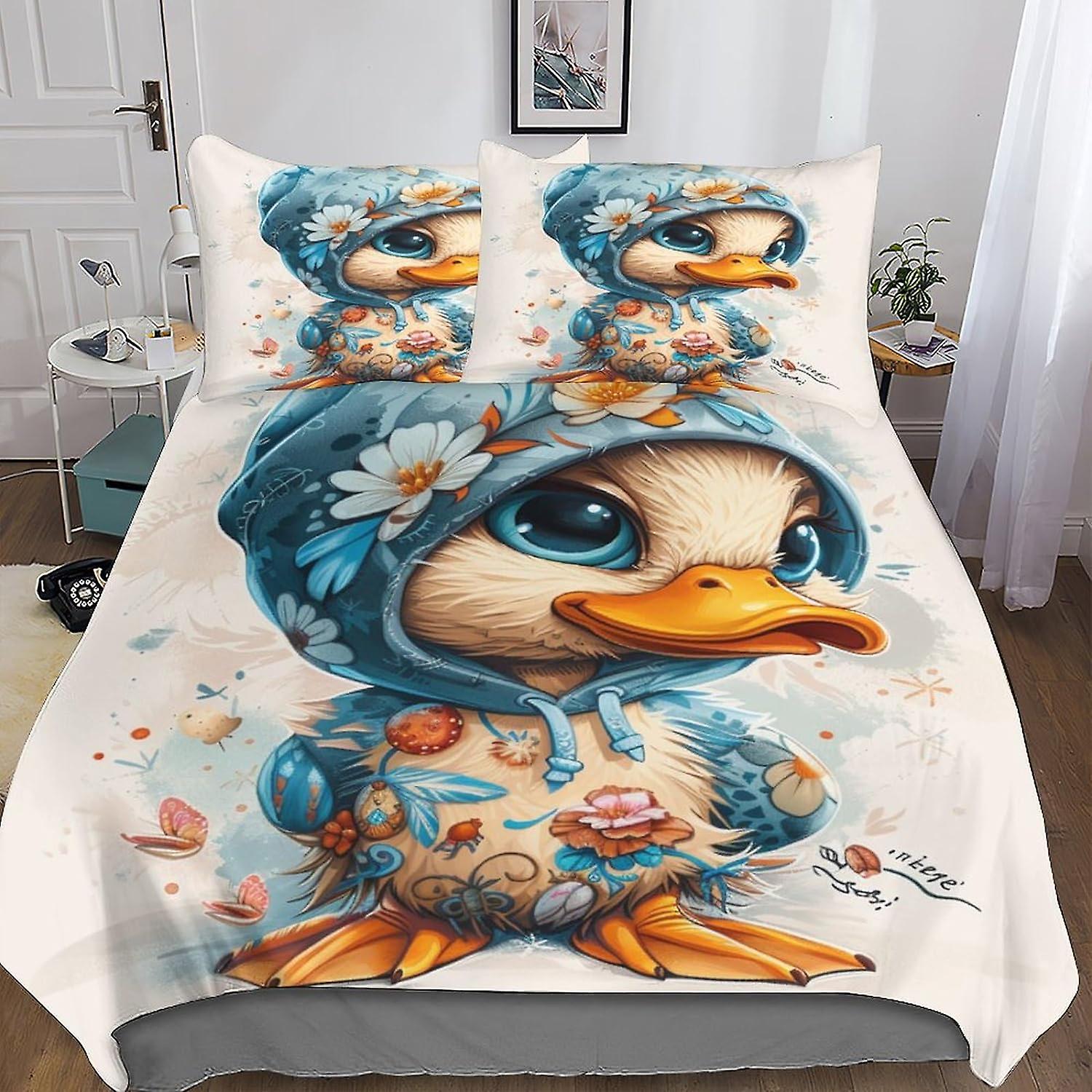 DSJackson Cute Yellow Duck Housse de couette imprimée en 3D Ensemble de literie avec microfibre avec fermeture à glissière cachée avec taies d’oreiller