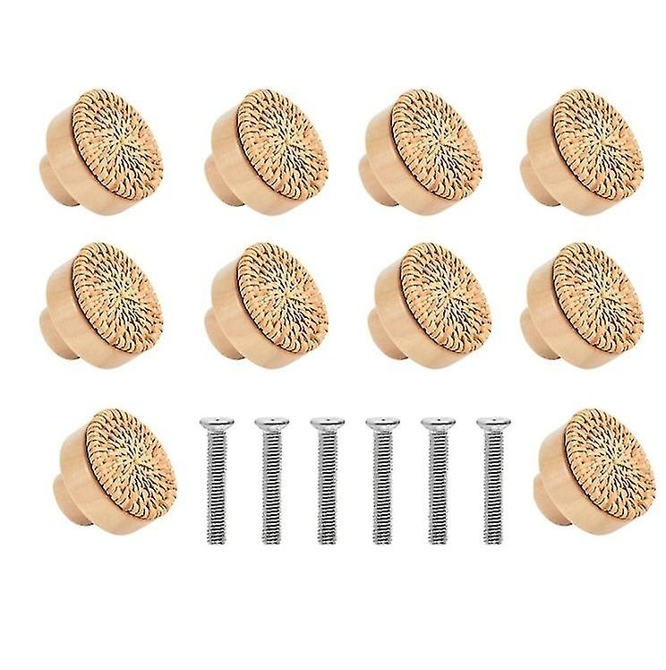 10 Pieces Rattan Kitchen Cupboard Knobs Kitchen Cabinet Drawer Door Knobs, Round Wooden Drawer Knobs