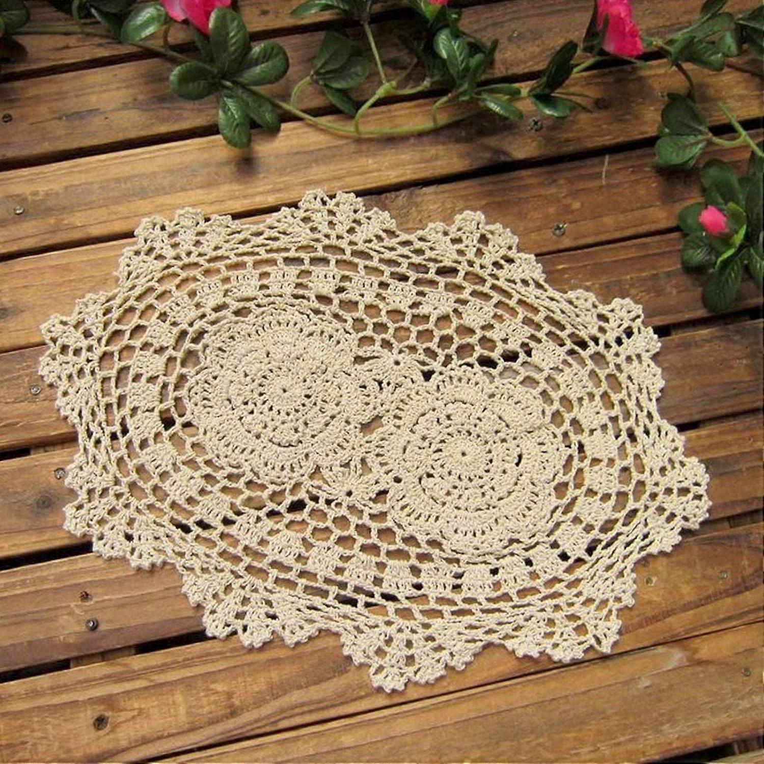 Phantomon Lace Doilies Handmade Crochet Placemats Algodão Doilies Renda de pano, Forma Oval, 10 x 14 polegadas (Bege)