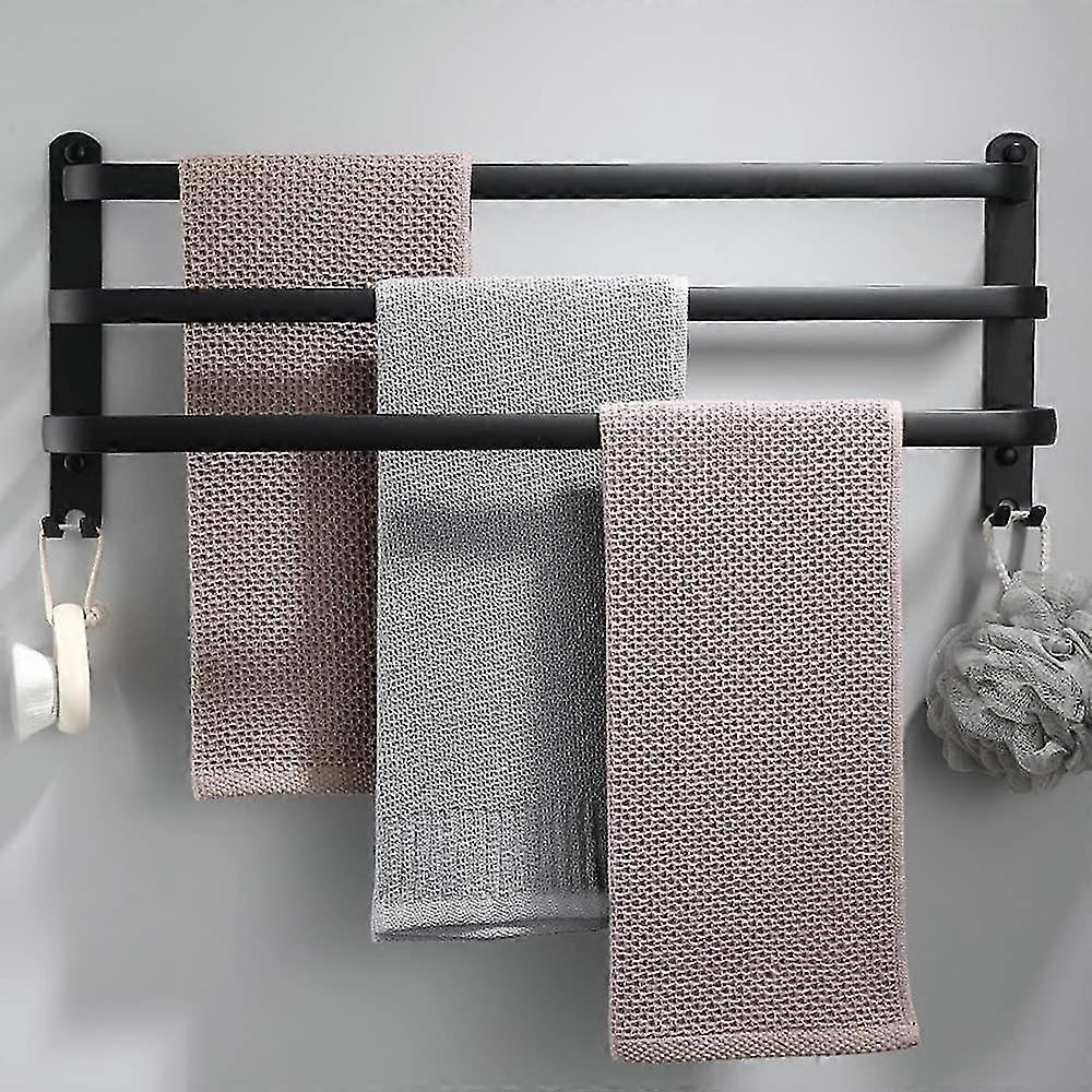 Waterproof Black Towel Rack - 3-tier Wall Mounted With Hooks   -30cm