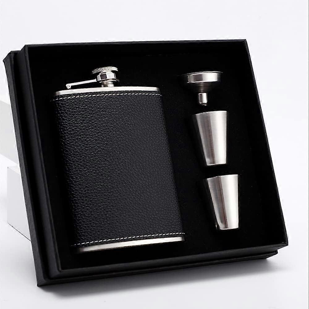 Hip Flask for Liquor Black Leather Flask 8 Oz Stainless Steel Soft Touch Leather Wrap Flask with 2 Cups & Funnel 100% Leak Proof Whiskey & Rum & Vodka