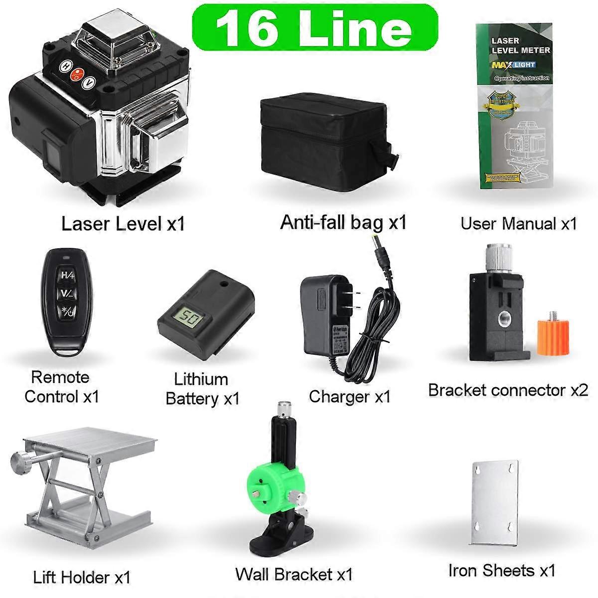 4D 16 Line 360 Horizontal Vertical Cross Green Light Laser Level Self-Leveling Measure Laser Beam