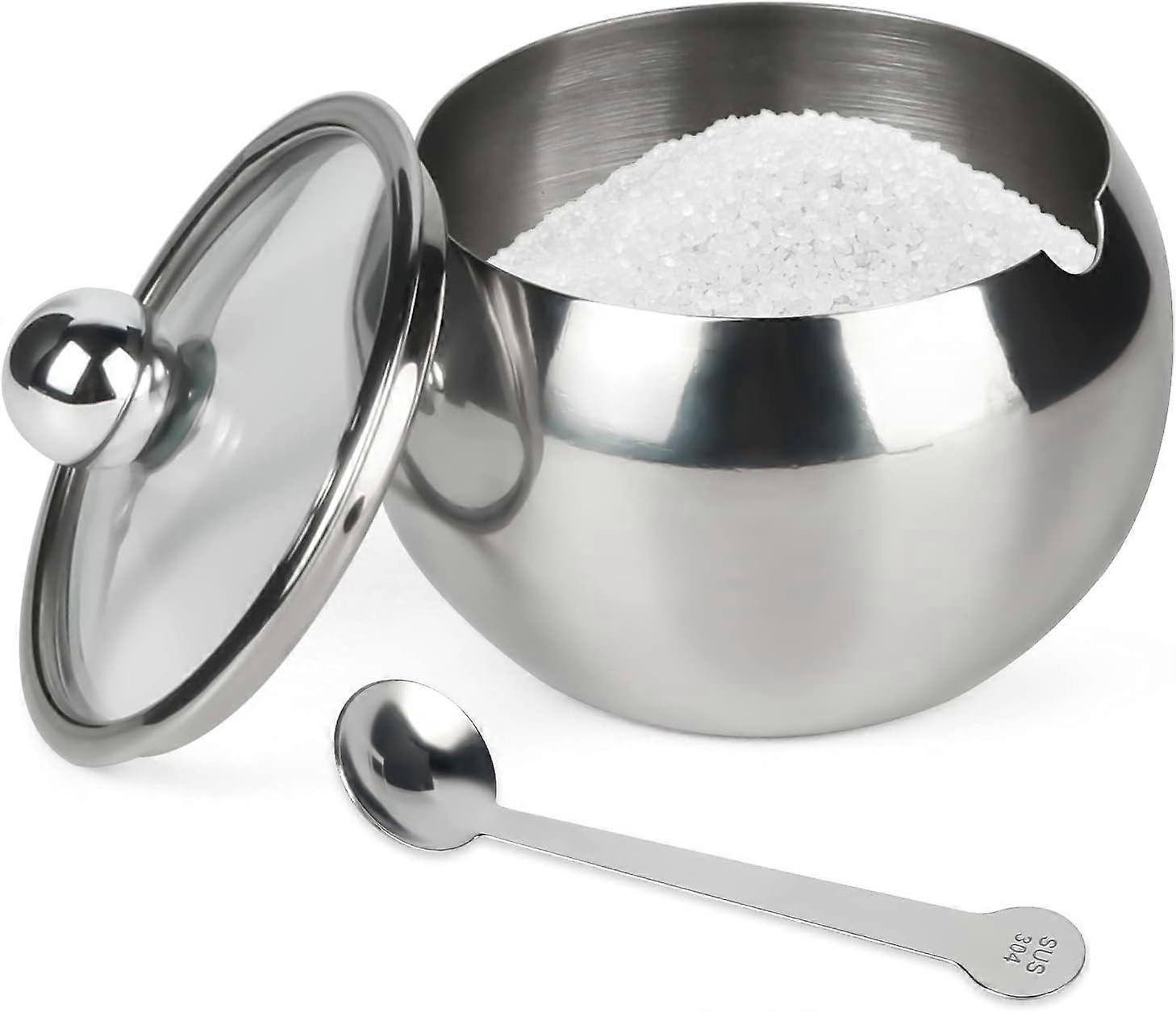 Stainless Steel Sugar Pot with Clear Lid and Spoon, Drum Shape Small Condiment Container 8.1 Ounces(240 Milliliter)