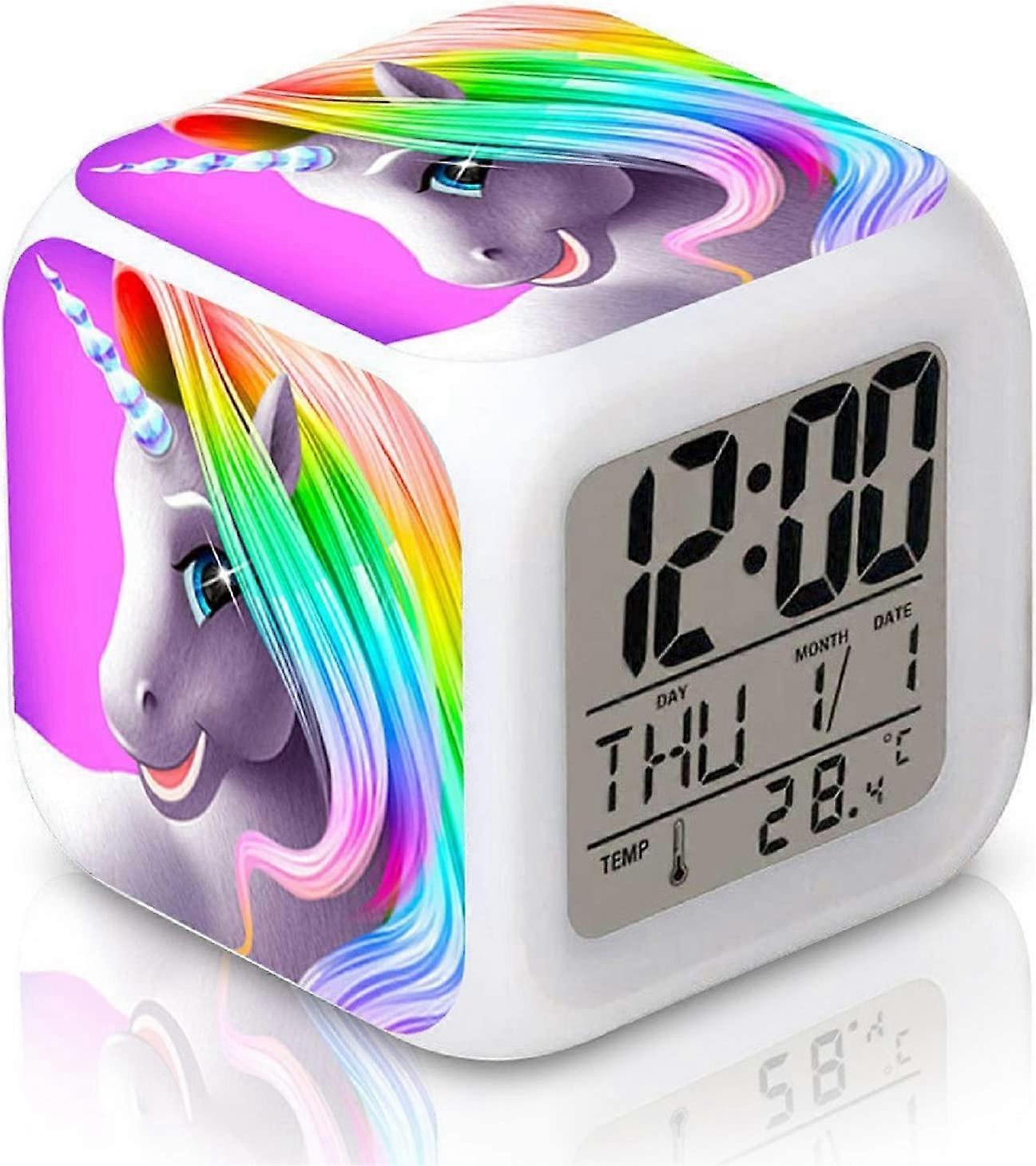 Unicorn Alarm Clock for Kids, LED Digital Bedroom Alarm Clock Easy Setting Cube Wake Up Clocks with 4 Sided Unicorn Pattern Soft Nightlight Large Disp
