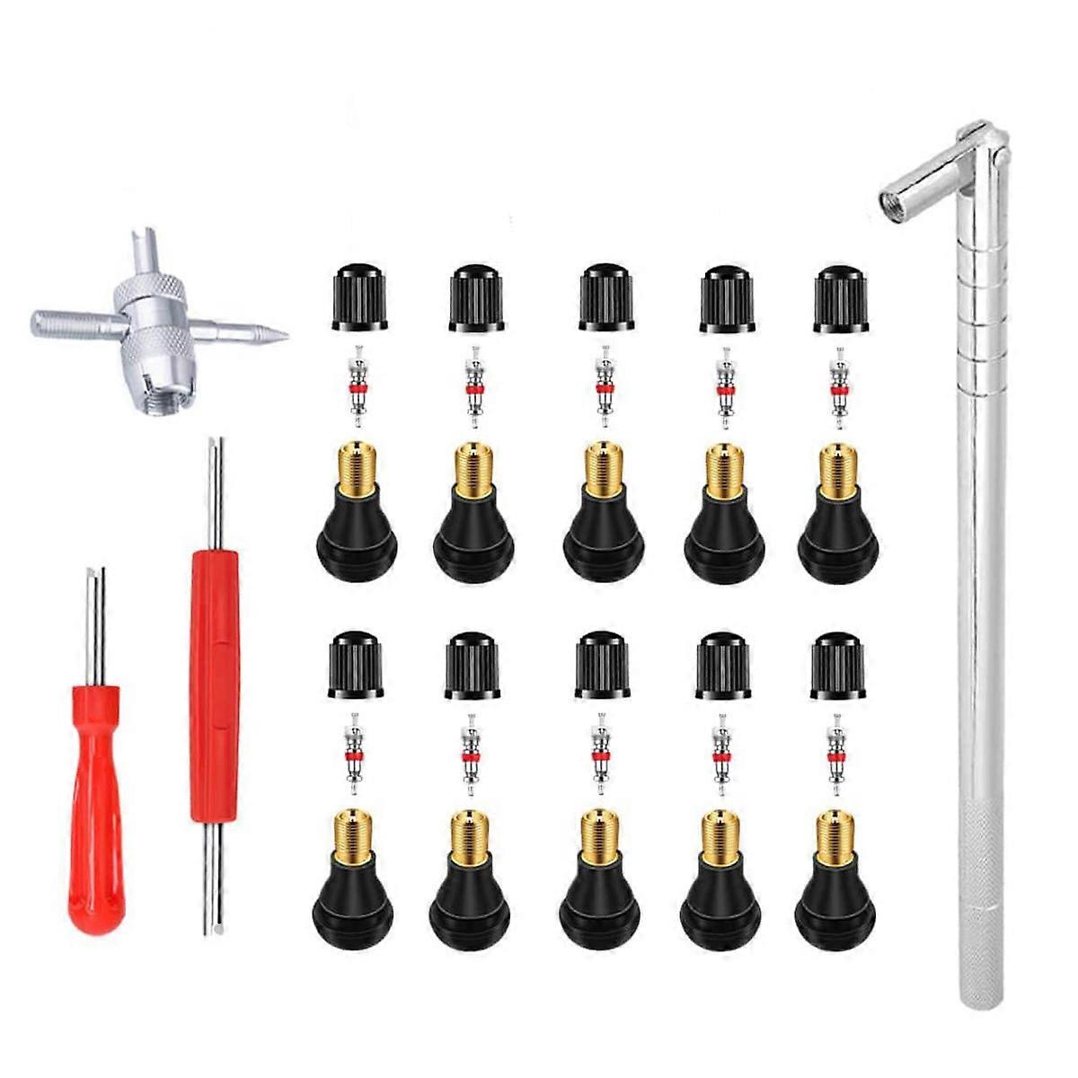 34PCS Tire Valve Stem Tool Puller And Installer Kit TR412, Snap-in Valve Stems With Valve Stem Cores, Tire Valve Core Remover Installer Tool
