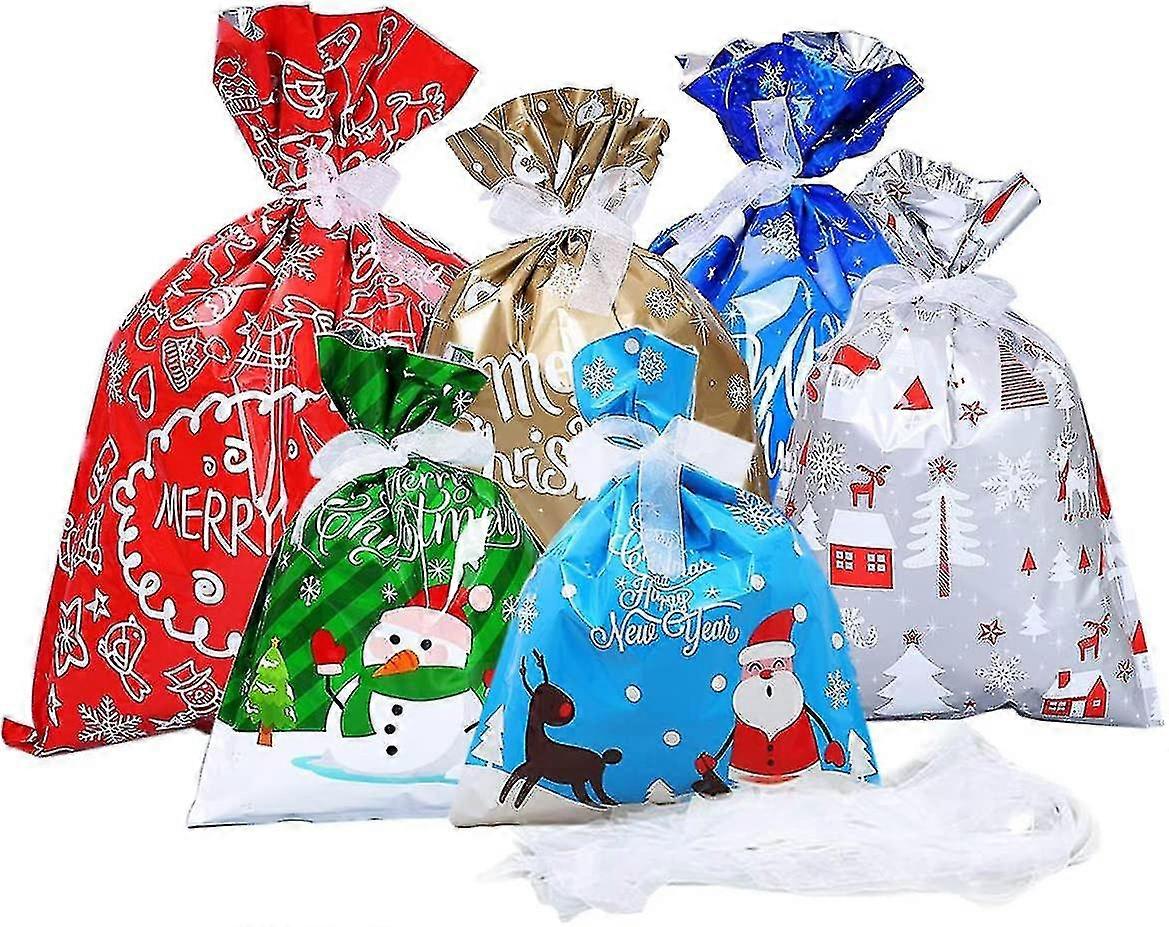 Gift Wrap Bags, 24 Drawstring Christmas Gift Bags With 1 Roll Of Ribbon Ties, Santa Claus Holiday Treat Bagsgift Bag In Assorted Styles