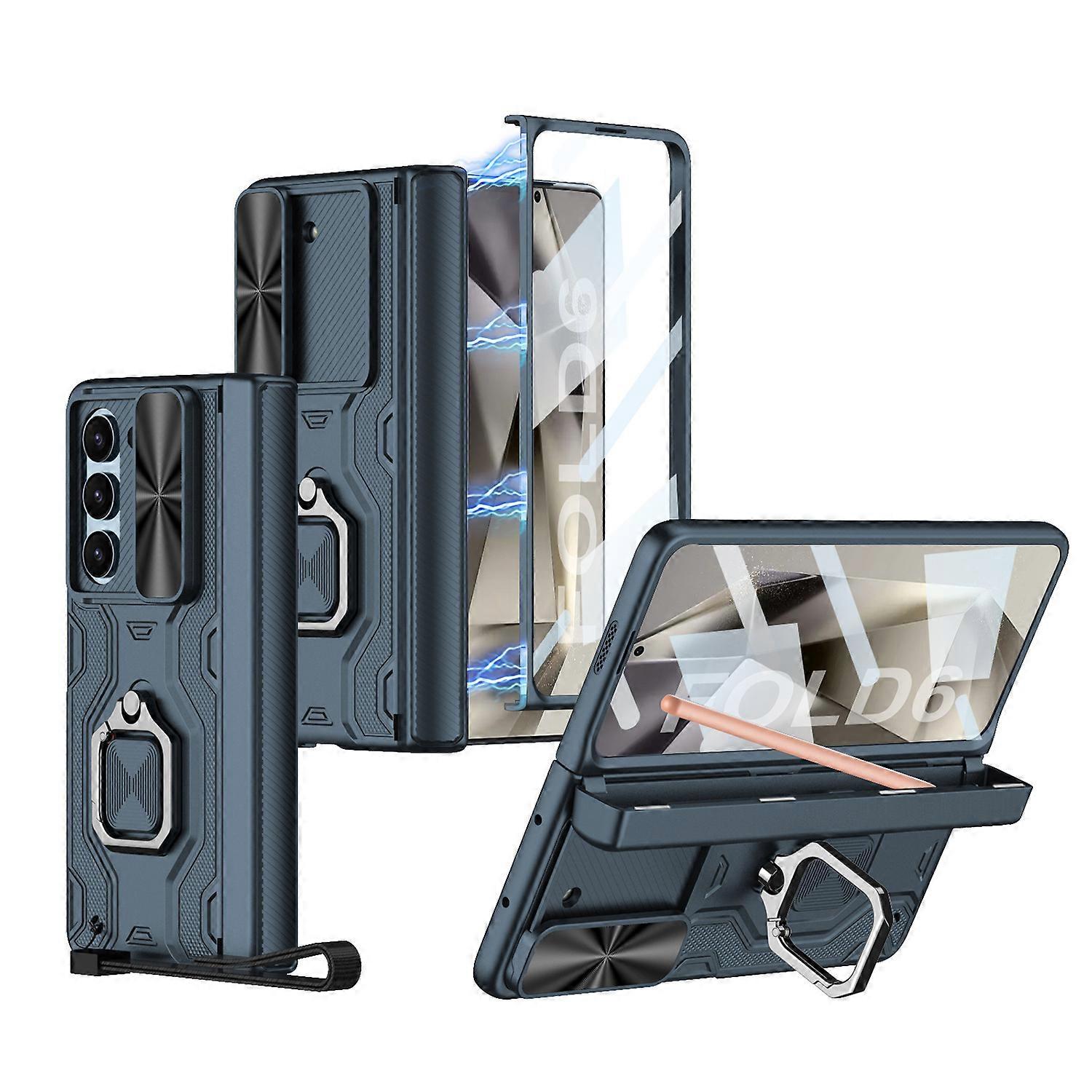 Hinge Protection 360 Full Body Rugged Case for Samsung Galaxy Z Fold 6 with S Pen Holder & Ring Kickstand & Slide Camera Cover