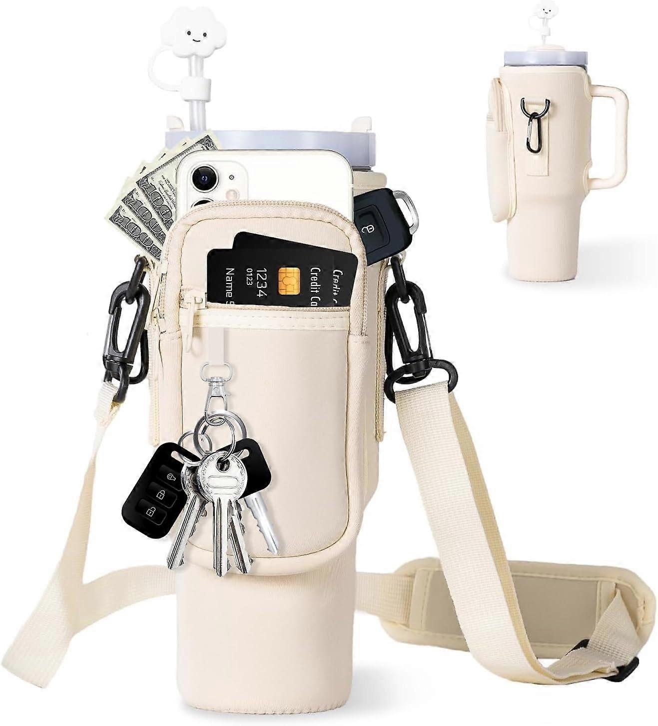 Water Bottle Carrier Bag with Phone Pocket for Stanley 40/30 oz Tumbler Neoprene Water Bottle Holder Pouch with Adjustable Strap Bollus with Straw Cov