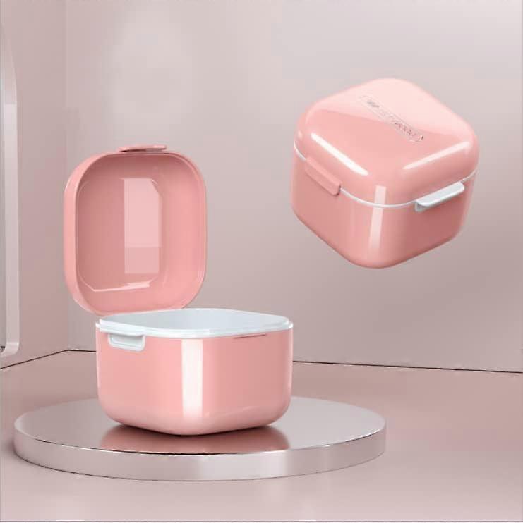 Denture Caddy Dental Bath with Filter Portable Denture Storage Container Dual Use Hygienic Denture Caddy, (Pink)