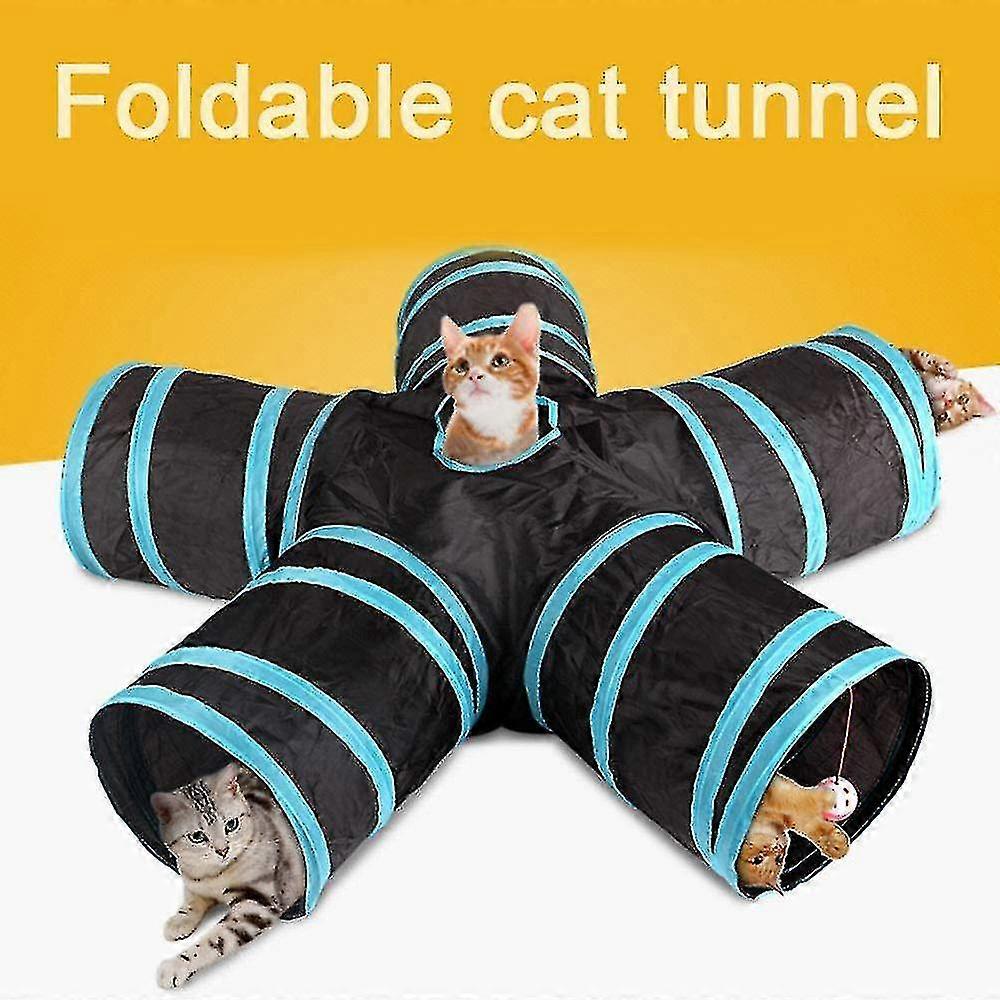 Cat Tunnel, 5-way Foldable Pet Toy Tunnel - Game Pipe - Black Blue