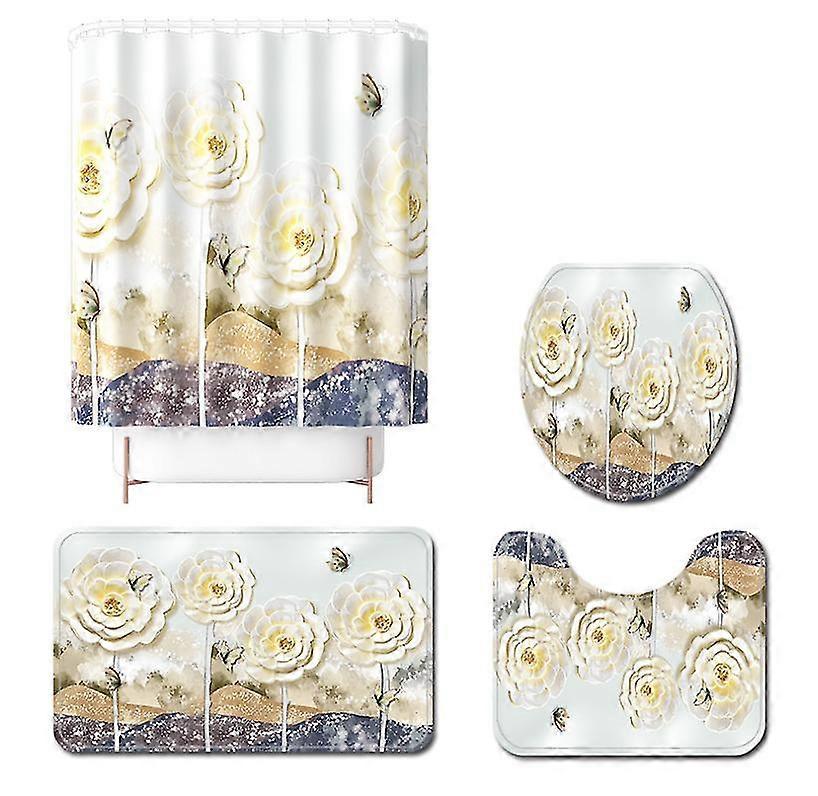 4 Adet Kabartmalı Erik Çiçeği Polyester Duş Perdesi ile Boyalı Ve Baskılı Zemin Paspasları