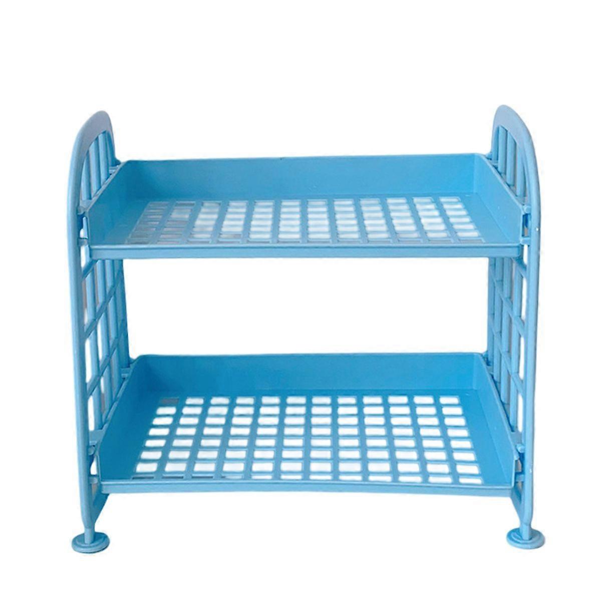 Blue 2 Layer Desktop Shelf Side Guardrail Design Foldable Double Layer Stacking Cosmetic Stationery Storage Holder