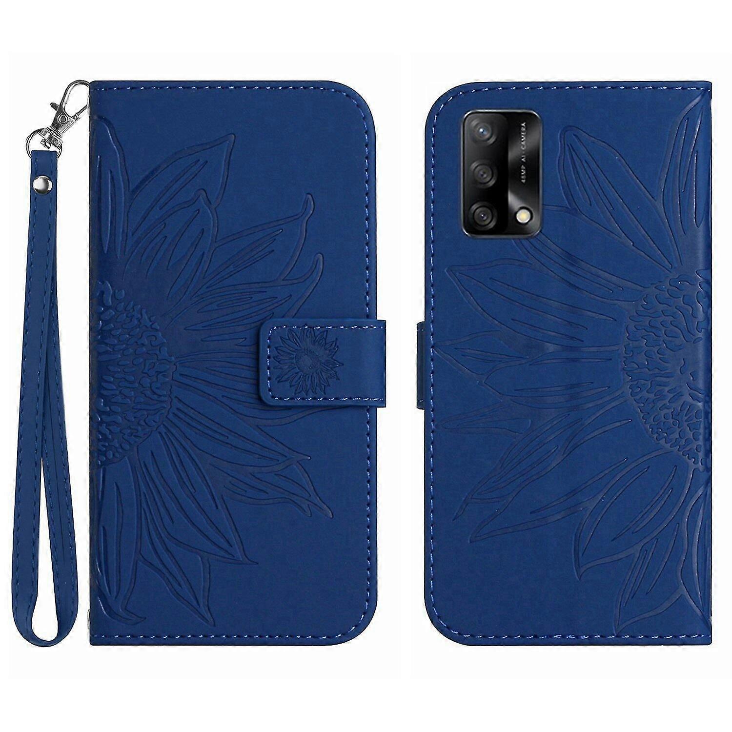 FLOODKING Compatible With OPPO A74 4G Embossed Sunflower Magnetic Card Holder Wallet Phone Case with Short Strap
