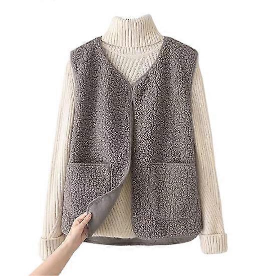 Winter Women Layering Vest Coat Thin Padded Press Button Closure V Neck Thin Plush Sleeveless Solid Color Heat Retention Outdoor Jacket